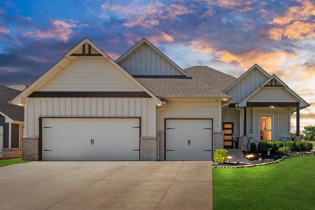 Model Home Upgrades | Corner Lot | Edmond Schools Beautiful 4-bedroom, 3-bath home on a premium corner lot with thoughtful upgrades throughout. Built in 2019, this former model home features 10-ft ceilings, granite countertops, designer lighting, and a flexible floor plan. The open-concept living space includes a gas fireplace and a chef’s kitchen with stainless steel appliances, custom cabinetry, large island, and upgraded finishes. Private primary suite offers a jetted tub, walk-in shower, dual granite vanities, and spacious walk-in closet. Three additional bedrooms plus a large upstairs flex space with full bath and closet—ideal as a fifth bedroom, guest suite, media room, or office. Attic access is conveniently located through a door in the upstairs flex space—no pull-down ladders required. The 3-car garage is heated and cooled and includes a built-in storm shelter and barn-door divider between bays for added functionality. Smart home features include dual-zone HVAC, security system with front and back cameras, Ring doorbell, and app-controlled thermostats. Enjoy the covered patio with a wood-burning fireplace, string lights, BBQ pit, and included patio furniture. Sprinkler system installed. Sellers coordinated with EPS to add a personalized bus stop right next to the home for elementary, middle, and high school students—doorstep pickup and drop-off! Neighborhood includes parks, playground, pond, walking trails, basketball and volleyball courts, and regular community events. Bonus features: tankless water heater, indoor storage under stairs, jacuzzi tub, and more. Another bonus - the refrigerator, grill, back porch TV, back porch string lights, and outdoor swing stay with the home! Schedule your showing today—this one checks all the boxes!