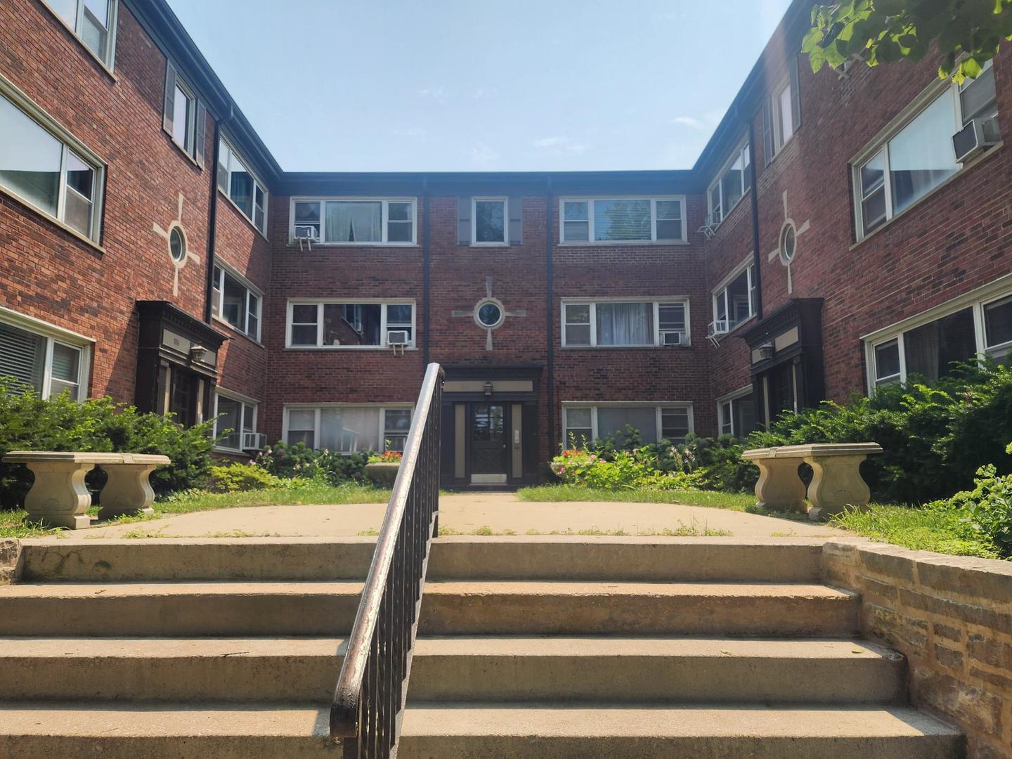 Premier location in Evanston, across from Endeavor offices, near train lines (Metra and Purple lines), shopping, parks, Northwestern University and new Ryan Field. 1st floor, corner Unit needs updating and has huge potential. Bright and airy, with vinyl windows (appear to be newer). Decent size kitchen space. Large 2 bedrooms, 1 Bath. No central air, window air conditioners acceptable. Washer/dryers are allowed in unit and there is a common area, coin-operated laundry in basement. Storage locker. Building is currently undergoing a boiler replacement. Monthly assessments include heat, cooking gas, water, scavenger, landscaping, and snow removal. One outdoor parking spot included. Property requires court order approval, so please allow 7-14 days for approval. Probate. Sold AS IS.