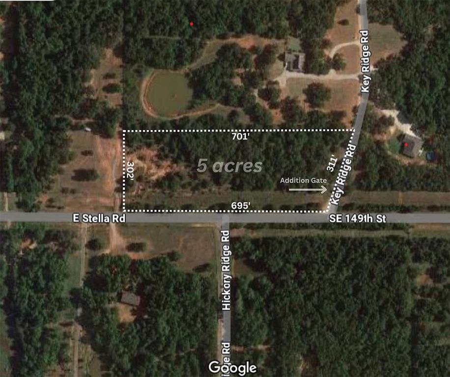 5 acres of raw land and first lot inside the gate as part of the quiet and private Key Ridge Addition in Newalla OK. Community has a private gate entrance with additional access from the west side of the addition road or directly from the south off SE 149th St if one decided to install a driveway there. Features some elevation changes, large mature trees, view of neighboring pond, lots of wildlife with key areas for secluded building site and winding drive. Little Ax School district and 8 minutes from Interstate 40/Peebly Rd or 10 min from the new Kickapoo Turnpike. Located in Oklahoma City limits / Cleveland County. The addition has a HOA with dues of $150 a year and restrictions on mobile homes (except while building a house), no commercial or business use, a 1300 sq ft minimum home and shop/barn and livestock/animals permitted.