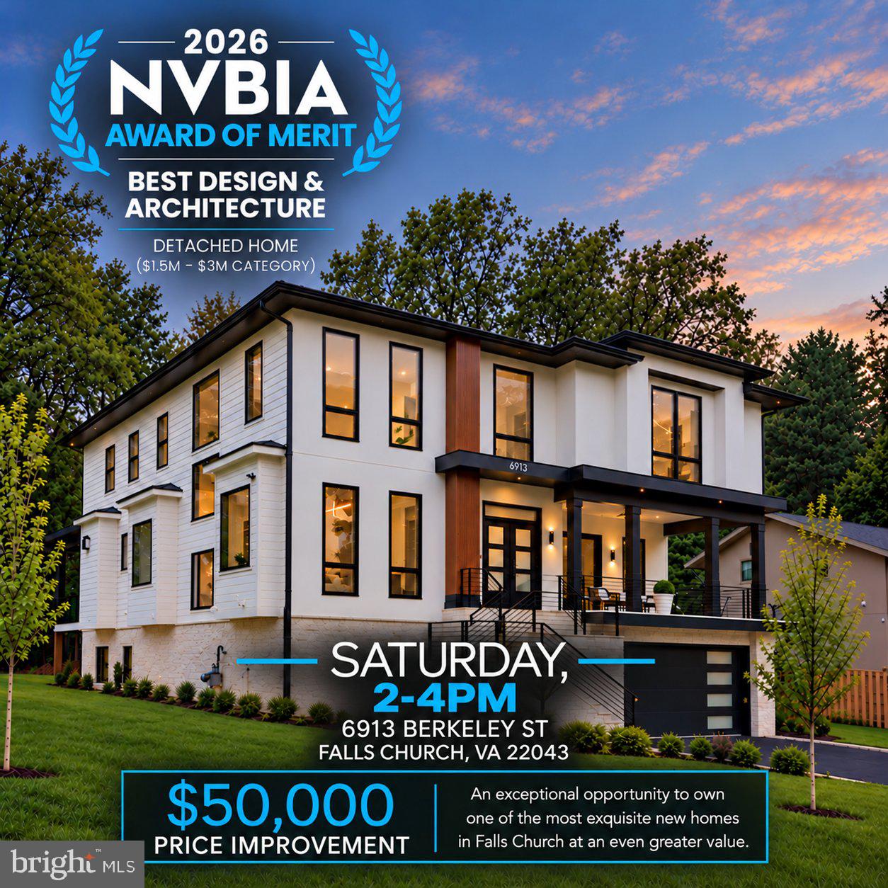 Welcome home to 6913 Berkeley St 2026, NVBIA Award of Merit Recipient for Best Design & Architecture – Detached Home in the $1.5M–$3M Category, now offered at $2,799,950!This Modern Prairie-style home by Green Valley Custom Builders offers a remarkable combination of architectural distinction, premium materials, thoughtful engineering, and enduring quality.Green Valley Custom Builders is a local, family-owned, hospitality-driven luxury home builder serving Northern Virginia since 2013. With more than 65 high-end luxury homes built throughout the region, the company is a 2024, 2025, and 2026 NVBIA Award Winner for Best Design & Architecture – Detached Home in the $3M–$5M category. Green Valley Custom Builders is guided by three core values: Integrity, Quality, and Excellence.Situated on a generous .38-acre homesite in the desirable Westhampton neighborhood of Falls Church, this beautifully designed residence offers 6,422 square feet of finished living space across three levels, featuring 6 bedrooms, 6 full bathrooms, and 2 half bathrooms.What truly distinguishes 6913 Berkeley Street is the attention to detail throughout. Green Valley Custom Builders has created a home where sophisticated design meets everyday functionality. From the soaring ceilings and high end Pella windows to the premium finishes, advanced technology, and thoughtfully designed living spaces, every element reflects a commitment to quality and craftsmanship.A dramatic two-story foyer introduces the home's light-filled interior and elegant architectural details. At its heart is an extraordinary chef's kitchen featuring a premium Thermador stainless-steel appliance suite, custom cabinetry, quartz countertops, an expansive waterfall island, beautiful apron sink and stunning custom marble hood. Designed for both intimate gatherings and grand entertaining, the kitchen flows effortlessly into the home's inviting living spaces.The main level also features a private en-suite bedroom, spacious great room, dedicated home office, and thoughtfully designed mudroom complete with a pet wash station. An EV-ready two-car garage adds everyday convenience, while an elevator-ready shaft serving all three levels provides flexibility for future needs.Upstairs, the luxurious owner's retreat offers a private sanctuary with elegant ceiling details, generous walk-in closets, and a spa-inspired bathroom featuring heated floors, an oversized frameless-glass shower, and a freestanding soaking tub. Three additional en-suite bedrooms, a spacious laundry room, and a versatile loft complete the upper level.The fully finished walkout lower level extends the home's entertaining and living possibilities with a recreation room, wet bar, flexible bonus space, and private guest suite. Outdoors, an expansive composite deck with both covered and open-air spaces creates an inviting setting for relaxing, entertaining, and enjoying the generous backyard.Modern convenience is seamlessly integrated through structured wiring, select speaker pre-wiring, Wi-Fi access points on each level, an IQ PRO video and automation system, video doorbell, plus security camera and whole house generator pre-wiring.Ideally located near Tysons Corner, McLean, and Washington, DC, the property is served by the highly regarded Haycock Elementary, Longfellow Middle, and McLean High School pyramid.For buyers considering new luxury construction in Northern Virginia, 6913 Berkeley Street deserves a closer look. With its newly improved price, award-winning design, extensive premium features, and exceptional craftsmanship by Green Valley Custom Builders, this is an opportunity to enjoy the quality and sophistication of a custom luxury residence without the time and uncertainty of building from the ground up. Experience the difference that award-winning design and uncompromising craftsmanship can make. Schedule your private tour today.>> Open to the public this Saturday from 2 to 4pm!