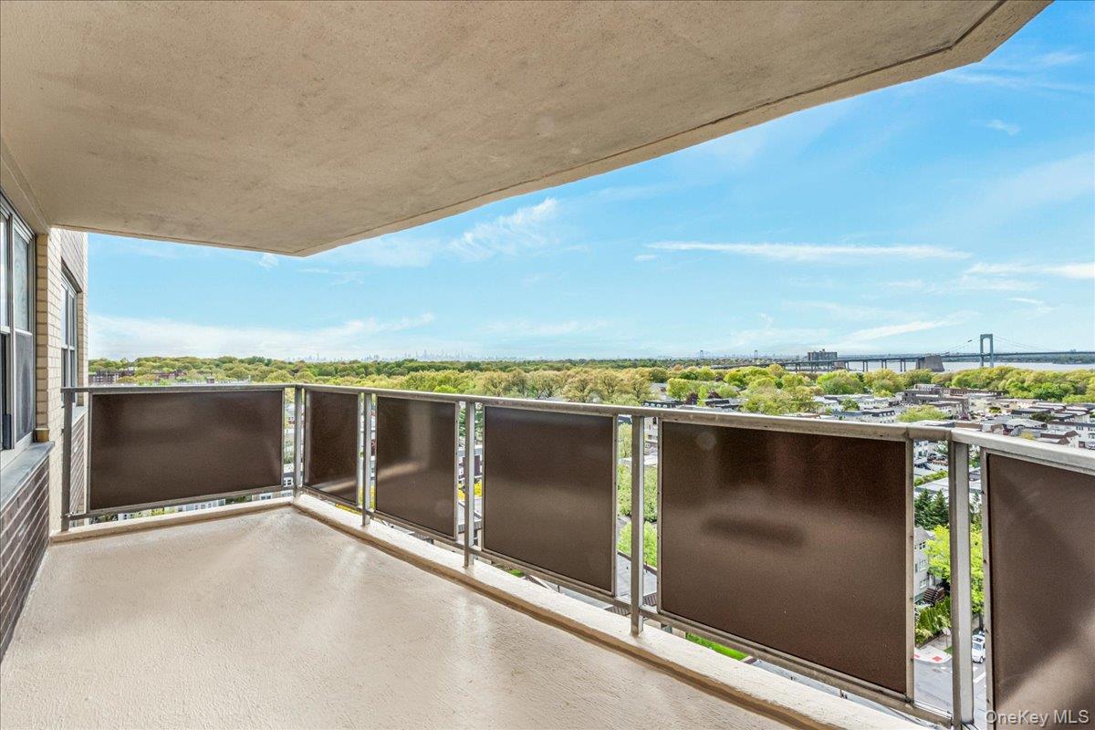 Experience the ultimate in waterfront living in this expansive two-bedroom, two-bathroom deluxe residence in the dog-friendly Americana in Bayside. The highlight of this home is the oversized private terrace, which offers breathtaking, panoramic views of the water, the Throgs Neck Bridge, and the skyline. Inside, the sun-drenched living room features wall-to-wall windows that frame these spectacular vistas, creating a seamless connection between the interior and the outdoors. The layout includes a dining area that leads into a kitchen equipped with premium stainless steel appliances and sleek white cabinetry. The primary bedroom serves as a peaceful retreat, featuring generous closet space and an ensuite bathroom with a glass-enclosed shower. A versatile second bedroom serves as the perfect space for a guest room or home office, with a hallway bathroom for guests featuring a tub. This home offers a sophisticated lifestyle with unparalleled views and refined interior finishes. Residents enjoy a full-service lifestyle with a 24-hour doorman, a spacious lobby, and access to the community’s fitness center with a steam room, an inground pool, dry cleaners, a salon, and an on-site cafe and store. Ideally situated near the Bay Terrace Shopping Center and express buses to NYC, this home offers the perfect blend of deluxe comfort and urban accessibility.