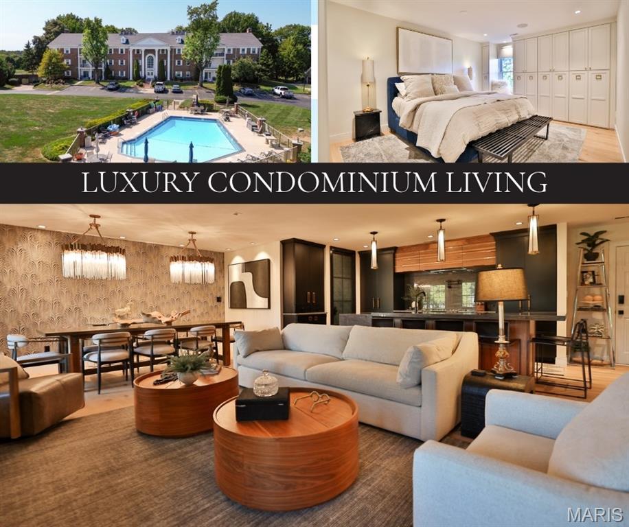 A level of design & customization rarely encountered in  Metro East condo awaits at Sunset Hills. Overlooking the 9th green, this single-level residence was completely reimagined in 2021, with walls/rooms relocated & the orig. 3-bdrm layout transformed into expansive, sophisticated 2/2 living space. Completed with an open-checkbook approach, the investment in this residence extends well beyond its offering price-an exceptional opportunity to acquire a truly bespoke home without the time & expense required to recreate it.European white oak flooring flows throughout, complemented by designer-line 4" sq recessed lighting. A floor-to-ceiling marble-tile surround frames the linear fireplace, while an oversized covered balcony offers golf-course views, recessed lighting, designer fans & Sonos speakers. The dining area seats 8–10 and opens to a showpiece kitchen centered around an island seating 6 with double-thickness natural quartzite. A Blanco dbl. sink, Brizo Touch faucet with knurled brass/matte-black accents & coordinating pot filler complement full-height quartzite rising to walnut storage & a custom hood with brass inlay. Omega cabinetry conceals the dishwasher & refrigeration for a seamless furniture-like appearance. Sub-Zero refrigeration with 2 freezer drawers, matching pantry storage, oversized drawer stacks, concealed coffee/appliance stations, appliance lift, trash/recycling & under-counter microwave deliver exceptional function. Commercial ventilation exhausts directly outdoors.The wet bar continues the design with floor-to-ceiling cabinetry, raw-edge quartzite, luxury tile, Blanco sink, Brizo faucet & linear lighting. Built-in nugget ice, 3 refrig drawers & a freezer disappear behind Omega panels, while additional cabinetry conceals storage & a wired flip-down workstation. Entered through a floor-to-ceiling 8-panel metal-and-glass door, even the laundry/utility room makes a statement. Quartzite, smoked glass & extensive cabinetry incorporate pantry & cleaning storage, printer cabinet, ironing board, laundry bins, hanging space, auto-dispensing washer/steam dryer & a stone-lined under-counter utility/pet station with pot filler. An additional ext. entrance adds convenience. The primary suite offers a California Closets walk-in with motion lighting & pull-out shoe storage, plus a full wall of custom cabinetry with hanging space, drawers, jewelry/belt/tie organization & window seat. The bath showcases a floating deep-blue dbl vanity with dbl-thickness quartzite, wall-mounted Brizo Champagne faucets, full-height tile & recessed backlit anti-fog Robern medicine cabinets. A freestanding tub, spacious shower with niche, seat & marble mosaic floor, & automated heated TOTO bidet toilet complete the retreat. The secondary bedroom features floor-to-ceiling wardrobes, drawer storage, recessed TV area & quartzite work zone. The main bath offers a free-floating stone sink, floor-to-ceiling accent tile, backlit LED mirror, walnut linen cabinetry & heated TOTO bidet toilet & flooring. Its glass-enclosed steam shower features a seat, niche, rain shower and Brizo system. Technology is equally considered. Control4 provides premium, professionally integrated smart-home control of lighting zones, automated window coverings, TV, sound & cameras, while flush-mounted Sonos speakers extend throughout the residence and onto the balcony.A  indoor lower-level parking space with storage & an assigned storage area are all elevator accessible. The secure building features a striking common foyer, mailboxes & phone/key-fob controlled entry.Shared exclusively by the complex's 18 owners, the POOL includes green space, grilling area & bath. Remarkably low assoc. fees for this level of amenity add to the appeal. And while the setting feels removed from the pace of the city, Lambert Airport & downtown STL are each approximately 25 min away.Far more than a renovated condominium, this is a comprehensively designed residence. Agent owned.