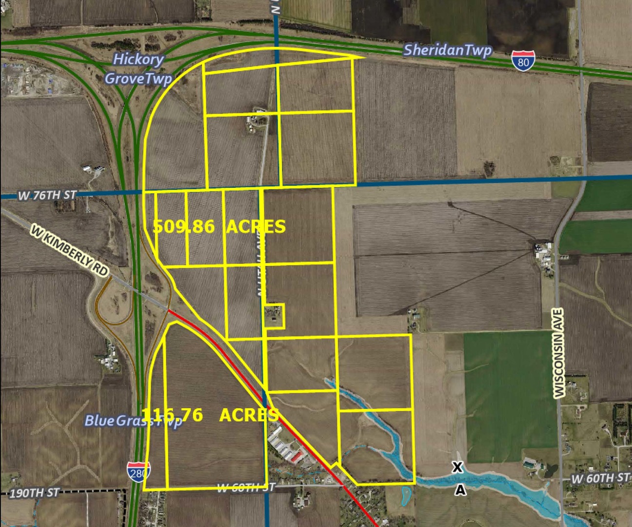 509.86 acres consisting of 19 legal parcels of AG zoned land located at the north end of the Kimberly/I-280 interchange at the hi-visibility SE corner of I-80 and I-280. Flat topography suited for large mega industrial project or data center. Owner will consider subdivision to no less than 125+/- acres as mutually agreed upon. Subdivided pricing subject to size, location, use, etc.