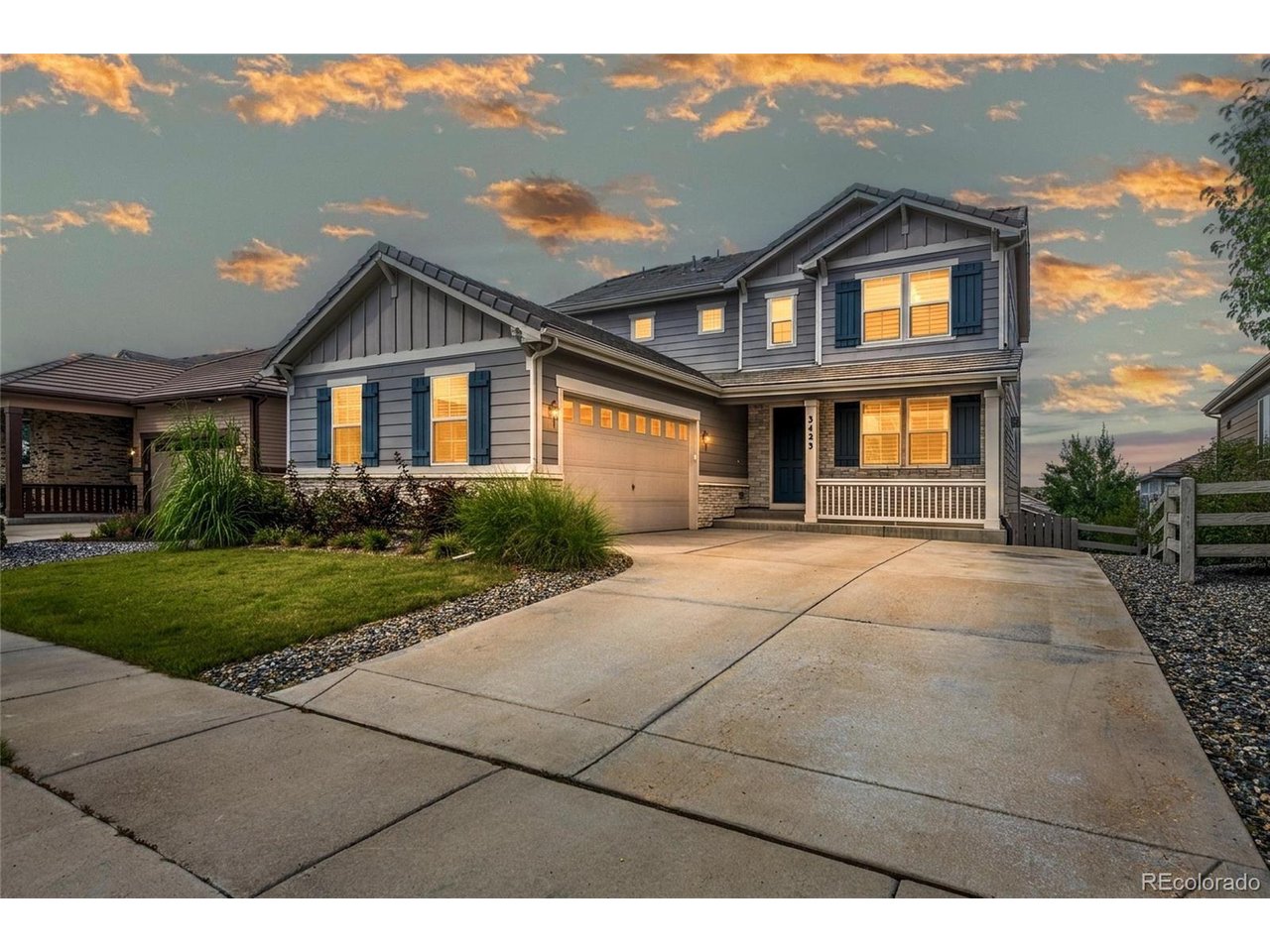 Posh designer upgrades define this stunning home with finished walk-out basement, over-sized 2-car garage. This home features 4 bedrooms/3.5 bathrooms +office, has been meticulously maintained, & is located in the coveted master-planned community of Anthem Highlands between 2 ranch homes & is surrounded by mature trees for added privacy. Over $100,000 in upgrades adorn the open floor plan including chic tile floors throughout the main floor, a lavish gourmet kitchen with SS appliances, quartz counters, soft close drawers/doors, a grand island with seating for 3, double oven, herringbone backsplash & sizeable walk-in pantry. The main floor also boasts a spacious office, the perfect powder bath, laundry room with additional cabinets & mudroom space, a spacious living room with gas fireplace, brick feature wall & shutters. The dining room opens to the back deck overseeing the fully fenced & irrigated backyard with large patio. Upstairs you will find the relaxing primary retreat with walk-in closet & custom built-ins, thoughtful access to the upstairs laundry, & a 4-piece ensuite bath with spa-like shower including rain head, dual sinks, & quartz counters. The second floor also showcases a sizeable loft, 2 spacious secondary bedrooms with ample closet space & cheeky wallpaper accents, a full hallway bath with dual sinks, & Corian countertop. Enjoy the professionally finished basement with open rec room, private bedroom with ample closet space & a 3/4 bath with Corian counter, walk-in shower, & a no maintenance water purification system included. This resort-like community features a 32,000 sq. ft. rec/fitness center with revamped gym (2026), 2 pools, 22 parks, 48 miles of trails, tennis/basketball courts, community events, & is home to 2 of the highest ranked Adams 12 schools-Thunder Vista & PRA. Don't miss this opportunity to own your dream home, schedule your showing today!