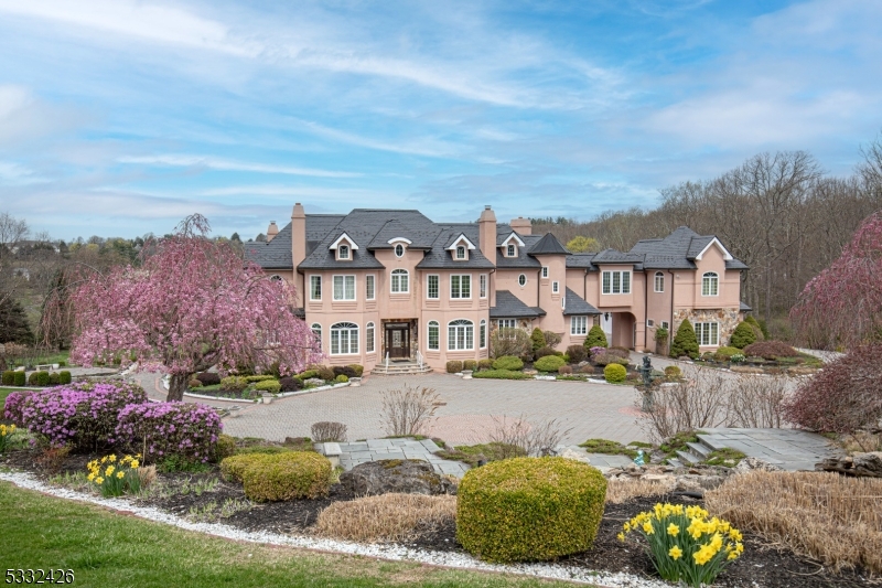 A grandly-designed architectural masterpiece is surrounded by nearly 17 acres of natural beauty in Mendham Borough. This magical estate home offers a sophisticated 23-room floor plan filled with custom design elements such as artisanal millwork, hand painted murals, four gas fireplaces edged by distinctive mantles, flooring of honed marble and hardwood, stately columns, towering ceilings and an elevator serving all three finished levels. Stone-accented gates unfold to a long, tree-lined drive revealing this impressive mansion. The graceful layout provides two kitchens designed by Clive Christian, an impeccably finished daylight lower level and an attached four-car garage with EV charging port. Situated on a private cul de sac, this remarkable property is close to local shopping, dining, highly-rated public and private schools, highways and Midtown Direct trains to New York City in nearby Morristown.