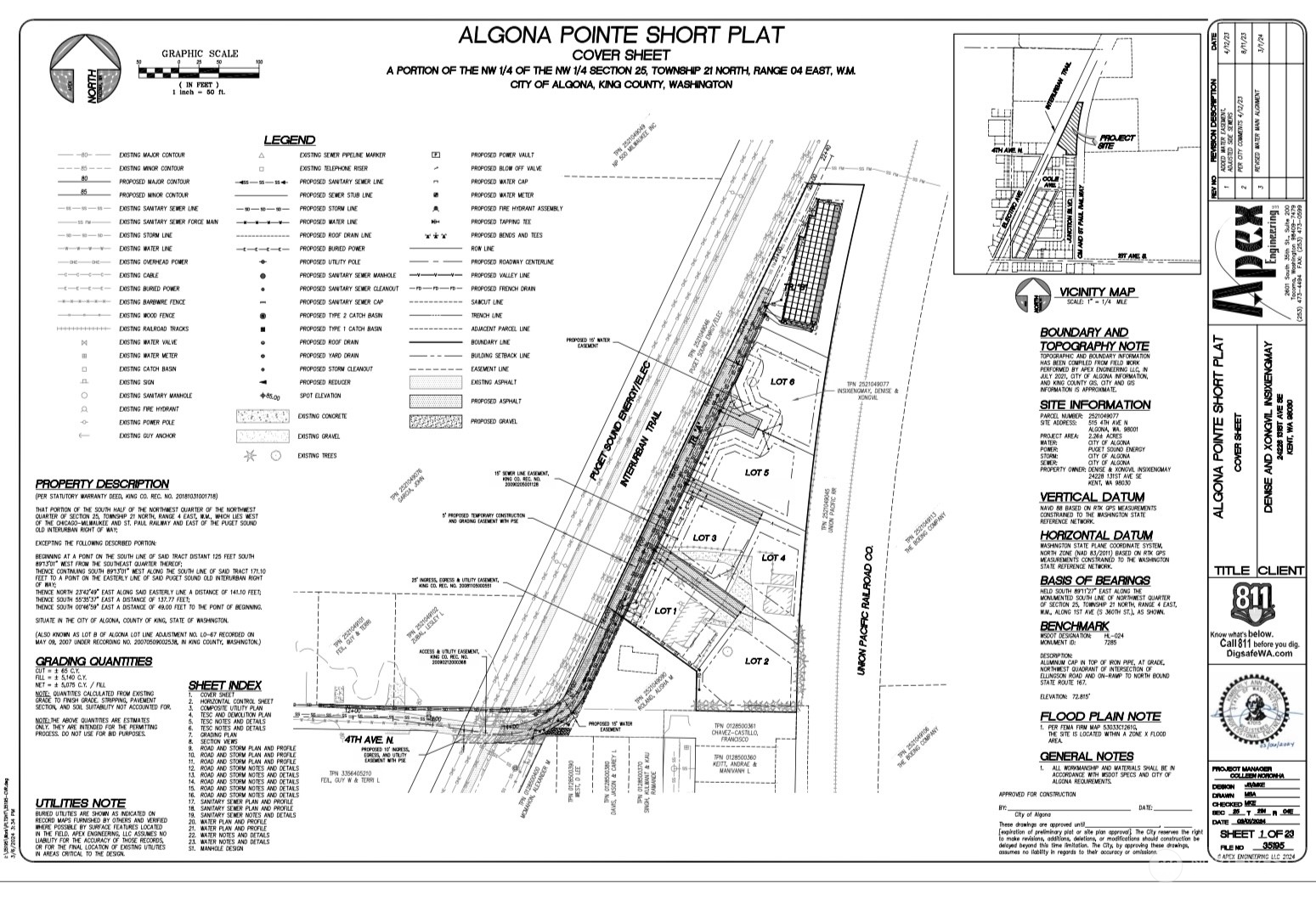 6 Lot short subdivision under application No. 2022.0012.SS0001. 2.27 acre lot (98,707 SF) with Preliminary short plat approval by City of Algona. Water, Sewer & electricity on property, no wetlands present. Also included is a 3 bed, 2.5 bath 1983 double wide manufactured home on a foundation, rented M-T-M and currently brings in $2K / month along with a large shop & RV hook up. Excellent location, with easy access to Hwy 167 & 18, near outlet mall & interurban trail. Short commute to Seattle, Bellevue and Tacoma. Grade/fill and building permits in hand.