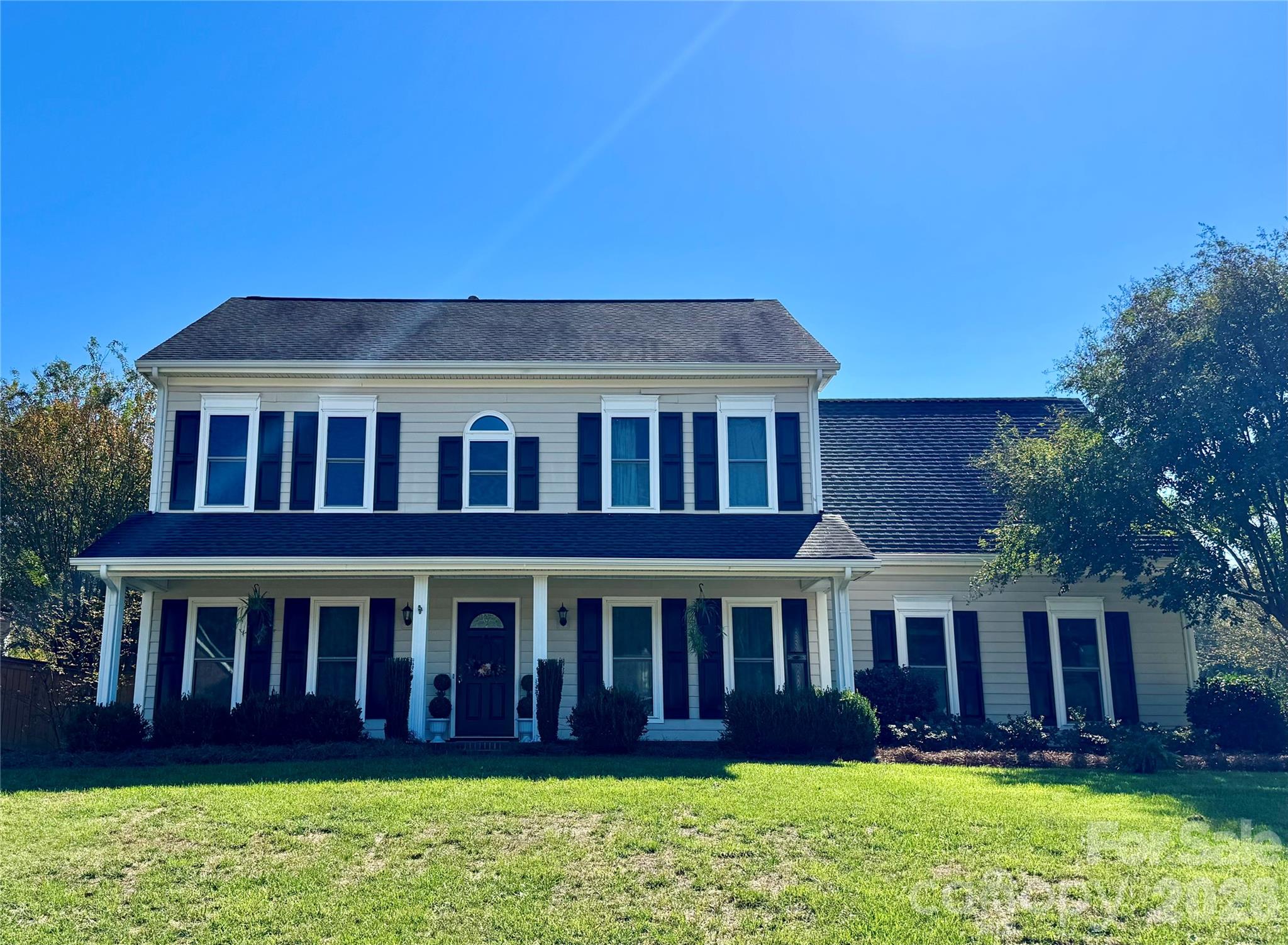 Beautiful Two Story home with 4 bedrooms on a large corner lot. A long front covered porch designed for comfortable  county living at its best. Private back yard with a privacy fence, fire pit, covered trellis, and storage building. Inside you will find updated flooring through out the main level. Open floor plan with the kitchen, breakfast and family room. Kitchen cabinets, countertop and backsplash were updated in 2020. Spacious front office/flex space and dining room with plenty of sunlight. Upstairs large master bedroom with trey ceiling, walk-in closet, ensuite bathroom with double sinks, tub and separate shower. Three secondary bedrooms, a bathroom, upstairs laundry room, walk in attic. New windows were installed in 2020. New privacy fence installed in January 2025, includes double gate with side entrance from the street. Established neighborhood with walking trails, side walks, street lights and pond.