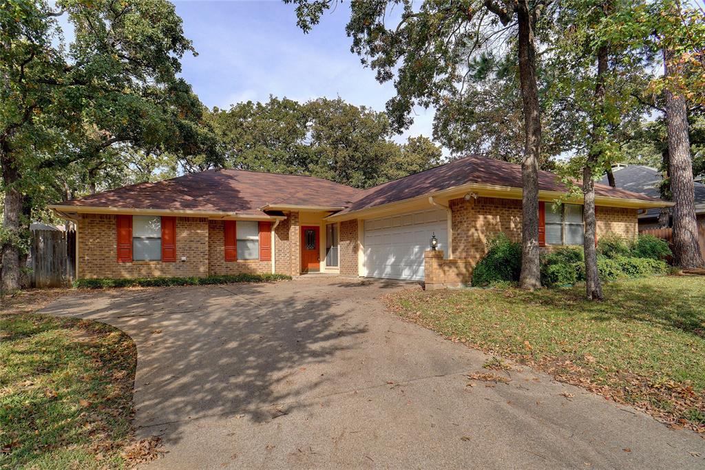 Open SAT & SUN 12-5.  For Lease or Sale, 2700 rent. Ask about 5% interest rate for Jan sale. Well maintained home with south facing front, private backyard with under roofline courtyard outdoor living & TREX extended deck with large side yard for gardening, swing set, boat or RV.  Oversized garage for trucks & extra strorage. Updated roof, fence, hvac, appliances, LED lights, master shower for 2.  Carpet in split guest bedrooms & rear den only, LVP thru out the remainder living, dining, hallway & MBR. Cathedral beam accent ceilings in family room that open into dining & breakfast room with bay window seating & breakfast bar.  Natural light from skylights in Family & Master bath. Sitting area in rear Master with wall of windows to courtyard patio & ample closets & storage in spacious bath with handicap accessible shower. Rear Den can be perfect study with builtins flanking brick fireplace and wall of windows to courtyard covered patio.  Updated master bath with long vanity, WI closet & oversized roll in shower for two. Kitchen has updated appliances, graphite sink, marble backsplash, ample counter & 11 drawer space, freshly painted white cabinets, coffee bar & pantry. Utility room has 8 cabinets, sink & freezer space. Quick access to 4 nearby freeways & DFW Airport. Walk to excellent schools, Bedford Rec, sport fields, parks along hike n bike trails, grocerty store & dining.