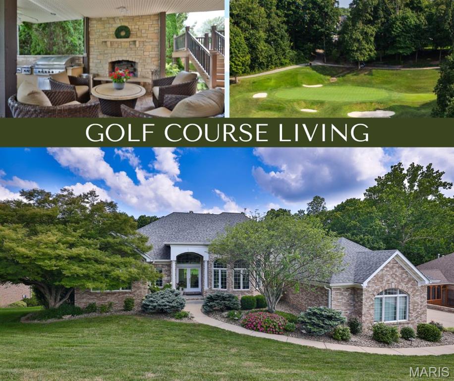 GOLF COURSE LIVING AT ITS FINEST! This custom atrium ranch offers prime views of the 15th green at Sunset Hills Country Club. Enter through double leaded glass doors into a stunning great room with soaring ceilings and natural light. The heart of the home is a beautifully designed chef’s kitchen featuring a Schott Ceran induction cooktop, Thermador downdraft, Bosch double ovens, built-in microwave, cabinet-front dishwasher, pantry and a large granite island with breakfast bar that flows into the cozy hearth room. With 3 gas fireplaces indoors and a wood-burning stone fireplace outdoors, this home was built for seamless indoor-outdoor entertaining. The main level features 8' solid wood doors and a luxe primary suite with dual custom walk-ins.  The walkout lower level includes a tranquil atrium water feature, full wet bar, game area, guest rooms, and 2 full baths. Step outside to a 4-seasons sunroom overlooking golf course, multi-level composite deck, covered stamped concrete patio, and a fully equipped outdoor kitchen with granite counters, built-in grill, sink, cooler, refrigeration, storage and more. 3-car side entry garage, irrigation system, walk-in closets, sound system and quartzite finishes—this one has it all! Quick interstate access, near bike trails, dining and more! Roof-2021