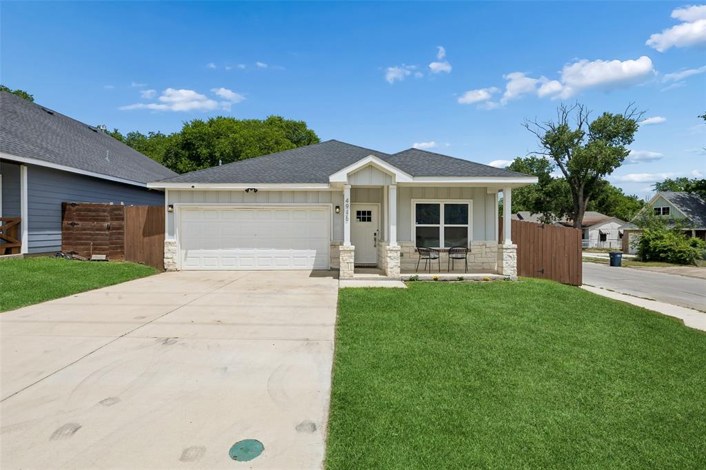 Charming, move-in ready and built in 2023, this beautifully designed 4-bedroom, 2-bath home offers modern comfort, thoughtful upgrades, and incredible convenience in the heart of Fort Worth. Ideally located near major highways and just minutes from Eastover Park, this home combines stylish living with an unbeatable location. From the moment you arrive, you’ll be impressed by the inviting curb appeal featuring a stunning stone-accented front porch. Inside discover the gorgeous plank flooring flowing throughout the main living areas and an expansive open-concept floor plan designed for both entertaining and everyday living. The spacious living room offers the perfect setting for gatherings, relaxing evenings, and great conversation, plus the mounted TV will remain with the home for added convenience. At the heart of the home is the show-stopping kitchen, complete with an oversized island, elegant quartz countertops, farmhouse sink, subway tile backsplash, and sleek stainless steel appliances, truly the centerpiece of the home. Even better, the kitchen refrigerator, washer, dryer, curtains, and curtain rods all convey with the property, making this home truly turnkey. Retreat to the luxurious primary suite, thoughtfully designed as your own private escape. The spacious bedroom flows into a beautifully appointed ensuite bath featuring quartz countertops, a separate shower, and a large walk-in closet. Three additional generously sized bedrooms and a full bath provide plenty of space for family, guests, or home office setup. Outside is a great backyard with a covered patio, perfect for enjoying peaceful evenings or entertaining friends and family. Additional highlights include a $10,000 whole-home water filtration system that has already been paid off, plus an ADT security system with cameras that will stay with the home, offering comfort, convenience, and peace of mind from day one.