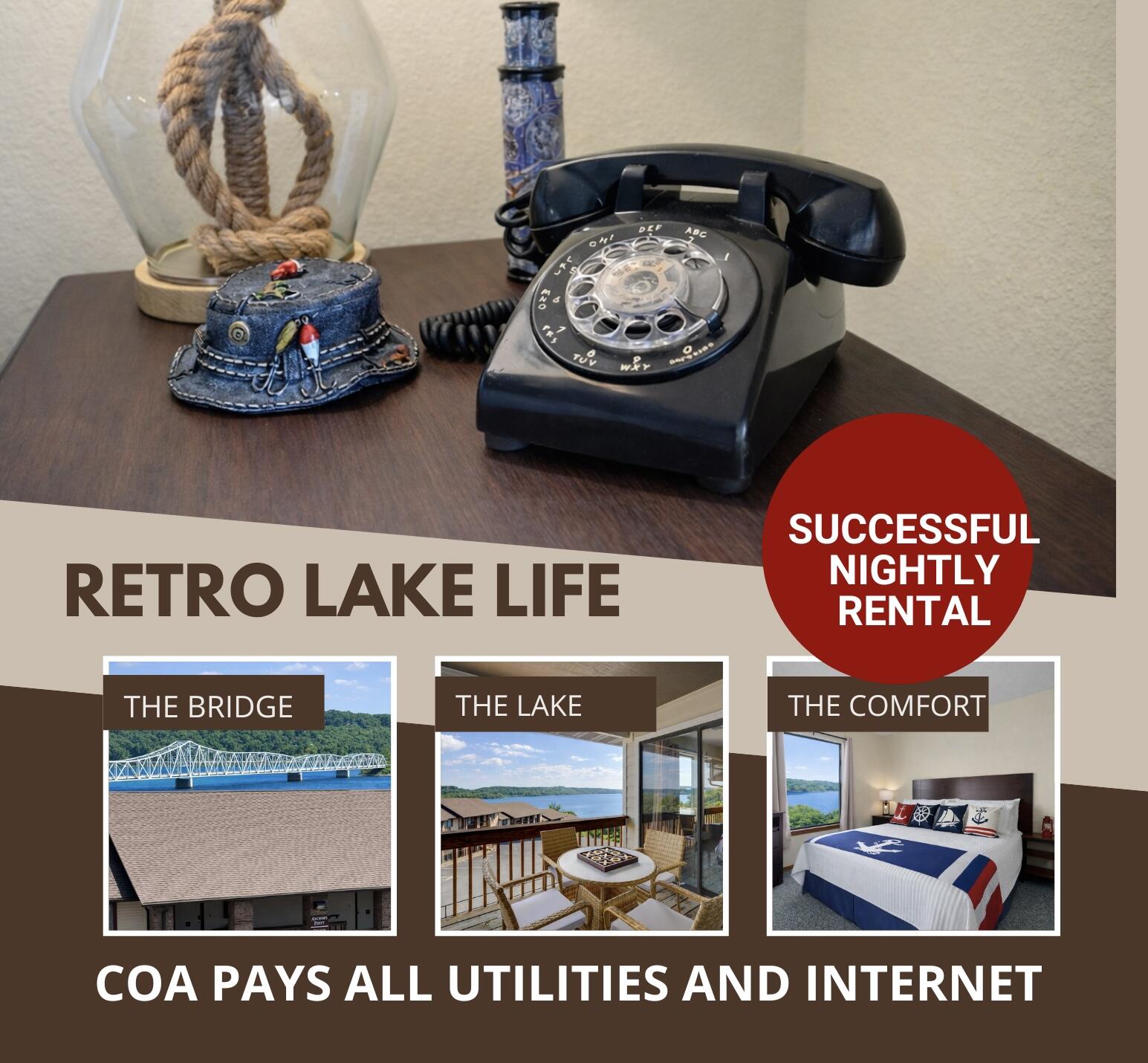 Step back in time with this unique 2BR 2BA successful nightly rental condo.  If you like nostalgia, you'll LOVE the Retro Table Rock decor! Turnkey and Fully Furnished!  Breathtaking View of the lake and the Kimberling City Bridge. Amenities include indoor & outdoor pools, pickleball courts, half basketball court, playground, and restaurants on-site, Crossing Cafe & coming soon, Crazy Craig's Shipwreck Bar & Grill. Less than 1 mile to Port of Kimberling Marina & What's Up Dock Marina. 10 miles to Silver Dollar City. HOA dues include water, sewer, trash, building insurance, exterior maintenance, lawn care and ALL amenities!