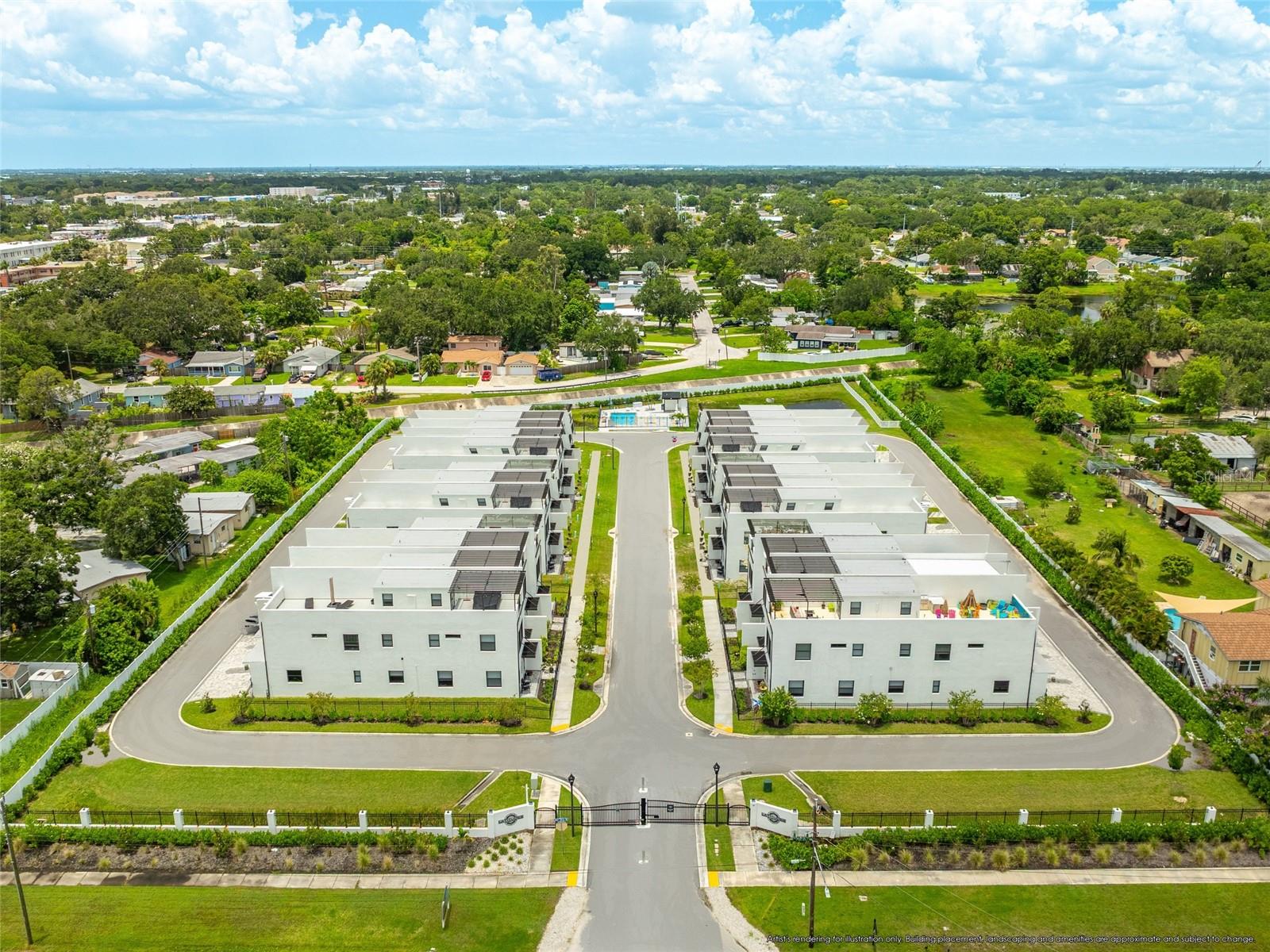 Virtually Staged. Pre-Construction. To be built. PRE-CONSTRUCTION OPPORTUNITY AT LATITUDES IN THE PARK! Reserve this exterior residence now and choose your own finishes before installation, with completion estimated for summer 2027. Set within a boutique gated community of only 25 townhomes in the heart of Pinellas Park, this three-story home offers approximately 2,392 square feet of heated living space, a private two-car garage and a private rooftop terrace. The main level opens into a bright kitchen, dining and living area designed for everyday living and effortless entertaining, with a quartz waterfall island, soft-close cabinetry and floor-to-ceiling windows. A floor plan with a first-floor bedroom is also available. On the second floor, the primary suite features a spacious bath and walk-in closet, joined by two additional bedrooms, two full baths and the laundry room. The third-floor loft with half bath opens directly onto the private rooftop terrace, made for sunset dinners and quiet evenings under the stars. The first two floors are solid block construction with hurricane impact-rated windows and doors throughout, and each home is backed by a 1-2-7 limited builder warranty. The community features a resort-style pool, dog park, gated entry and HOA services that include lawn care, grounds and exterior maintenance, and short-term rentals are permitted. Centrally located with quick access to I-275, Downtown St. Petersburg, Tampa, the Gulf beaches, shopping and dining. Photos show a completed model residence and other completed homes in the community, along with artist renderings and virtually staged images; furnishings, decor and the rooftop hot tub shown are not included, and finishes will reflect the buyer's selections.