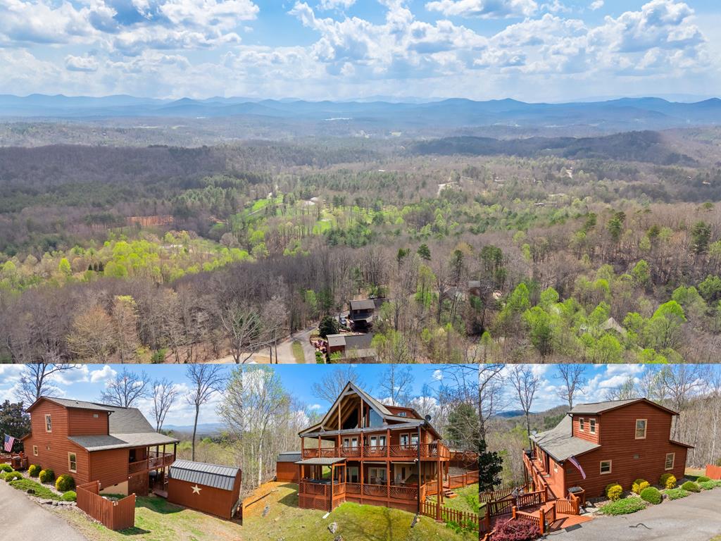 Tucked away in the prestigious Five Forks neighborhood, this 2-bedroom, 3-bathroom chalet offers breathtaking LONG-RANGE MOUNTAIN VIEWS and a perfect blend of rustic charm and modern upgrades. Easily accessible by paved roads through the neighborhood, the home welcomes you with a unique handcrafted front door that sets the tone for the character found throughout. Inside, the bright and spacious living room features rich wood floors, a vaulted tongue-and-groove ceiling, and a stunning floor-to-ceiling stacked stone gas log fireplace. Chalet windows and glass doors flood the space with light and open to the wraparound porch, showcasing incredible mountain views. The adjacent dining area is framed by windows with wooden blinds and accented by a rustic carved valance, creating a warm and inviting setting. The kitchen was beautifully remodeled in 2022 and has stainless steel appliances, granite counters, hickory cabinets, and an island with additional storage and seating. Down the hall, a guest bedroom with private porch access sits next to a fully renovated bathroom with a stunning custom tile shower. Upstairs is the spacious Master Suite complete with lots of windows, a walk-in closet, and a spa-like en suite bathroom, also updated in 2022. The lower level offers a versatile recreation room, highlighted by a cozy gas-log stove and access to a full-length porch with a hot tub. This level also includes a full bathroom with laundry connections and washer/dryer included. Outdoor features are equally impressive, with porches wrapping three sides of the upper level, a boardwalk and steps leading to a fenced yard, and a magnificent magnolia tree. A powered shed adds convenience and storage. Additional upgrades include a new roof in April 2022, water filtration system in 2024, HVAC reconditioning with new components in 2025, a security system, and a portable dual-fuel generator. This home is truly packed with thoughtful features and mountain charm.