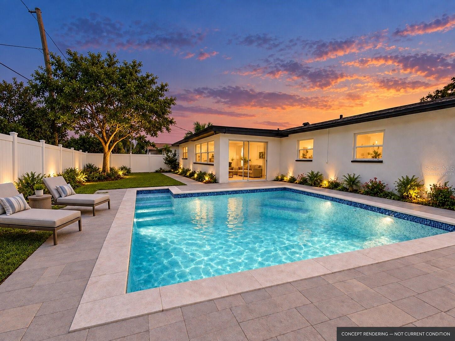 Virtually Staged. One or more photo(s) was virtually staged. A newly opened living area, beautifully renovated bathrooms, and a BRAND-NEW SALTWATER POOL UNDER CONSTRUCTION set the stage for relaxed Florida living in this 3-bedroom, 2-bath home in Point Pinellas Heights. Offering 1,728 square feet, a split-bedroom layout, and an attached TWO-CAR GARAGE, the home combines generous space with fresh, coordinated finishes.The kitchen features NEW quartz countertops and tile backsplash, white cabinetry, stainless steel appliances, and breakfast-bar seating. New luxury vinyl plank flooring connects the gathering spaces, while recessed lighting and fresh interior paint brighten the home. Both remodeled bathrooms feature distinctive blue tile, glass-enclosed showers, and wood-tone vanities.The planned 10-by-24-foot saltwater pool features a pebble finish, glass waterline tile, multicolor LED lighting, and a surrounding paver deck—creating an outdoor space for sunny afternoons and evenings with friends. Pool construction remains underway; contact the listing agent for the current completion timeline. Located in FLOOD ZONE X.*** NEW IN 2026 *** QUARTZ COUNTERTOPS & KITCHEN BACKSPLASH | REMODELED BATHROOMS | LUXURY VINYL PLANK FLOORING & BASEBOARDS | WATER HEATER | RECESSED LIGHTING & CEILING FANS | INTERIOR & EXTERIOR PAINTBRAND-NEW SALTWATER POOL & PAVER DECK IN PROGRESS. Schedule your private showing today!