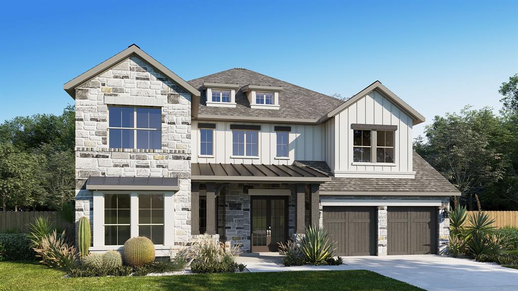 Two-story entry with 20-foot ceiling. Home office with French doors set at entry. Two-story family room and dining area with sliding glass doors and a wood mantel fireplace. Kitchen has an island with built-in seating space and a spacious walk-in pantry. Primary suite with a wall of windows. Primary bath has a double door entry, dual vanities, a freestanding tub, a separate glass-enclosed shower and two walk-in closets. A guest suite with private bathroom just off the front entry. Second floor hosts a large game room, a media room with an additional storage space, and secondary bedrooms including a guest suite with a full bathroom and walk-in closet. Extended covered backyard patio. Three-car garage.