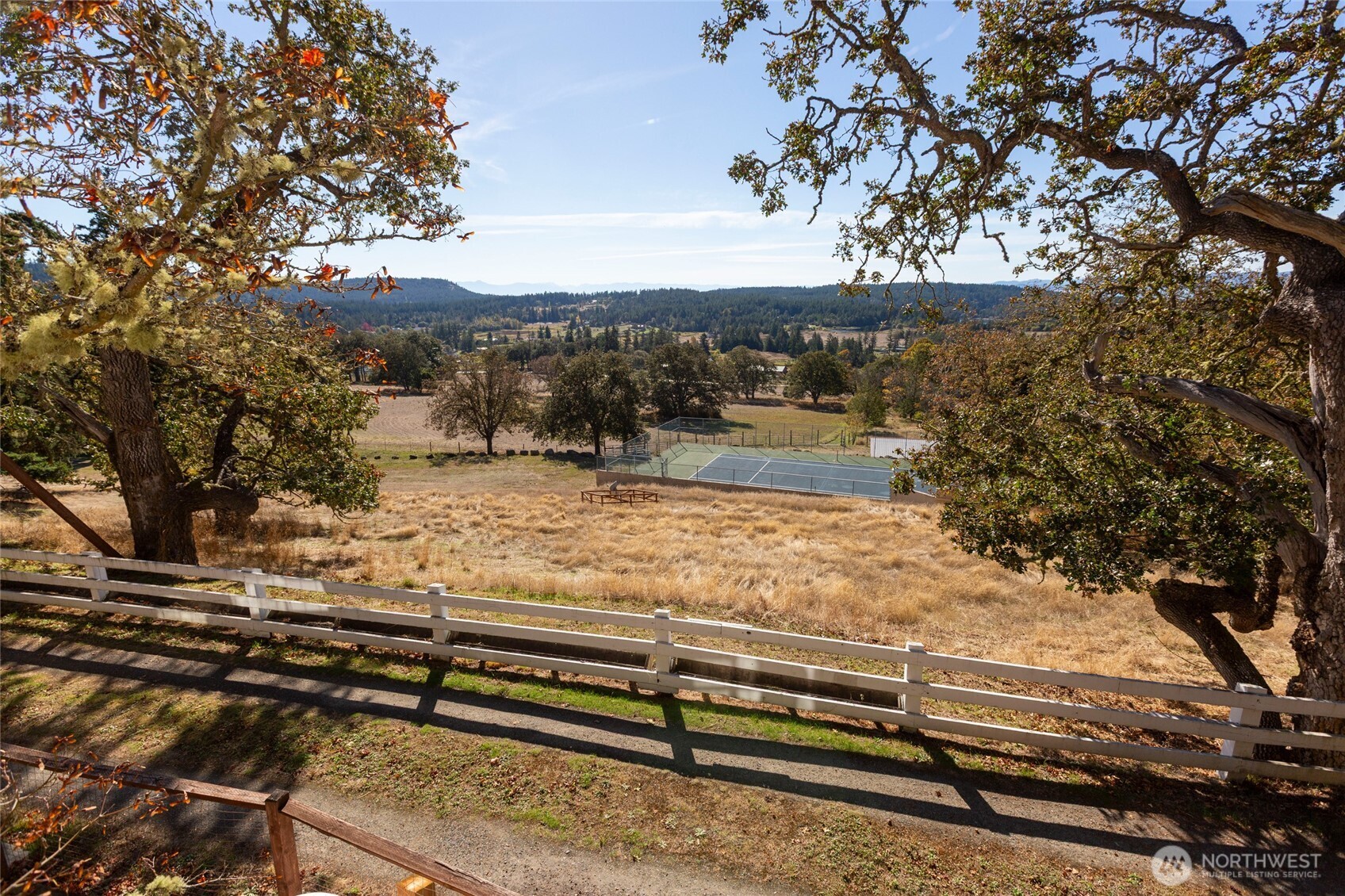 Sunny, private and distant water view home on 4.13 park-like acres perched behind the 48-acre Twin Oaks Farm with graceful southwest pastoral views toward the Alpaca Farm and to Canada. The property borders the 696 acres of National Park including English Camp National Park, Young Hill and miles of hiking and riding trails. Spacious level entry home with lower level, 2944 Sq Ft with open plan, 2 fireplaces, large decks, covered car entry and garage with studio built in 1977 is ready for your personal touches. Includes water storage shed, garden shed and newer whole house generator and heating/ac  system. Close to Westcott Bay Oyster Farm, Roche Harbor Resort w/marina, restaurants, groceries, retail, airport, art walk, and trails.