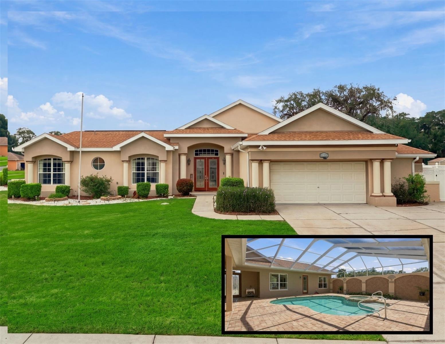 Virtually Staged. Welcome to a one-of-a-kind custom-built Palmwood Cabana Home inside the community of West Linden Estates! Offering over 3,170 sqft, featuring 5 bedrooms, 4 bathrooms & a mother-in-law suite w/a flex room that could easily be transformed into a 6th bedroom. With a 2021 roof, the main AC handler & condenser & a new water heater to be replaced prior to closing. (All w/transferable warranties) You will immediately be in awe of the beautifully landscaped, fully fenced, corner lot. The inviting entryway opens through double doors into a stunning courtyard paver-lined pool complete w/hot tub. Just off the entryway is an incredible guest/mother-in-law suite w/new LVP flooring (26). The front room already has plumbing & sink, w/electrical capacity for full appliances. There is a full pool bath w/direct access to the courtyard & a private bedroom, making this space perfect for guests, family, or even an income-producing suite. This entire space features soaring 12-ft ceilings, crown molding & natural light. Back into the private courtyard, you will find incredible privacy w/no direct views of the neighborhood. A private outdoor shower, sink & gas hookup, make this the perfect space for entertaining & grilling. The primary residence greets you w/12-ft ceilings, crown molding a formal living & dining area w/built-in shelving, lighting & access to the AC enclosed lanai leading to a fully fenced & private backyard. The private owner’s suite retreat features sliders directly to the pool & your own private courtyard. This space offers an ensuite flex room that could be transformed into a nursery, office, or den. The ensuite pool bath features double sinks, jetted soaking tub & snail shower. The oversized custom walk-in closet includes built-in shelving for storage. Through the main living space, a hallway leads to large double closets, a full bathroom, a spacious bedroom w/walk-in closet & new LVP floors & paint (26) w/access to the covered lanai & can serve as a second primary bedroom. The kitchen is truly built for a chef & perfect for entertaining features SS appliances, a commercial double oven w/6 burners, ducted hood & warmers, open to the nook & great room w/built-in shelving & natural light. Sliders open directly to the pool area, creating the ultimate indoor/outdoor living space & making entertaining effortless. A separate wing offers 2 bedrooms, a full bathroom, closet space & a interior walk-in laundry room w/sink & cabinets. The oversized 2.5-car garage features high ceilings, finished attic space & convenient access directly to the yard & pool. Extras include no carpet, exterior cameras, exterior windows replaced in 19, screen enclosure replaced in 22 & a 10x16 shed. There is a huge concrete pad, perfect for a basketball court or outdoor entertaining space. The home features well irrigation w/sprinkler system replaced approximately 5 months ago. A full water softener conveys w/home, being sold as-is. The second AC unit was replaced in 22. The home features dual fuel, w/propane servicing the spa, outdoor grill hookup, water heater, dryer & stove (top is propane & oven is electric), while the remainder of the home operates on electric. The HOA is only $50 a year! This home offers something truly special. The flexible floor plan, private guest suite, soaring ceilings, chef’s kitchen, resort-style courtyard pool, incredible privacy, & endless possibilities make this home truly one of a kind. Offering a full home 1-year warranty!