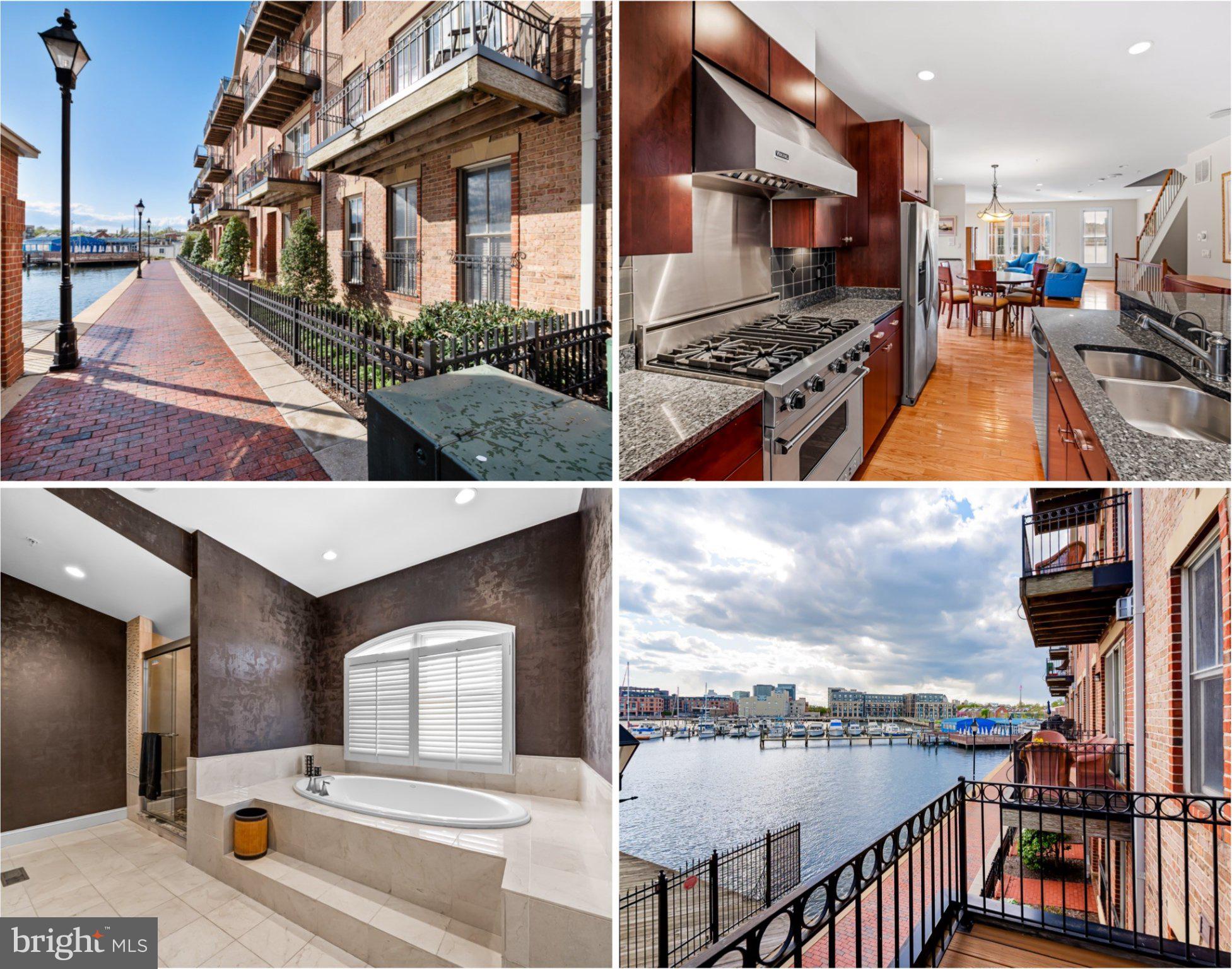 Welcome to 2323 Boston Street Unit 6—an end-of-group, 4-level waterfront townhome with a 2-car garage in North Shore, a premier Canton community directly on the promenade. Enjoy breathtaking water views from nearly every room, as well as two private balconies. The entry level offers a flexible space perfect for a home office or game room. The main level impresses with hardwood floors, a chef’s kitchen featuring dark cabinetry, granite counters, under-cabinet lighting, Viking stove with hood, a designer backsplash, and an eat-in island—all opening to a spacious dining and living area with direct balcony access and waterfront views. Upstairs, you'll find two bedroom suites, including one with a built-in desk overlooking the water, plus a laundry room and utility space. The top-level primary suite is a true retreat, featuring two walk-in closets, stunning water views, a private balcony, and a spa-like bath with a soaking tub, glass shower, and double vanity. A new dual-zoned HVAC (installed in 2024) and a newer water heater enhance efficiency and provide peace of mind. Steps from Historic Fells Point and the best waterfront restaurants, shops, and lifestyle amenities, this is city living at its finest.