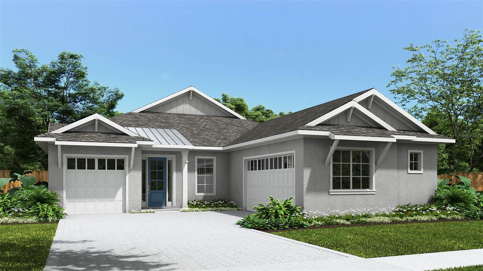 Under Construction. Front porch opens into an extended entryway with tray ceilings. French doors enclose the home office off the main hallway. Entering the kitchen you are greeted by an island with built-in seating, a walk-in pantry, and access to the laundry room. The dining area connects to the family room which features a wall of windows and access to the covered lanai. A bonus flex room is off the main living space. The primary bedroom is features a wall of windows. French doors lead into the primary bathroom which boasts dual vanities, garden tub, glass enclosed shower, and two walk-in closets. The secondary bedrooms each feature a walk-in closet and share a Hollywood bathroom. The mechanical room is located off the hallway that features the drop zone. Completing the space is a private guest suite off of the family room that features a full bathroom and walk-in closet. Three-car split garage.
