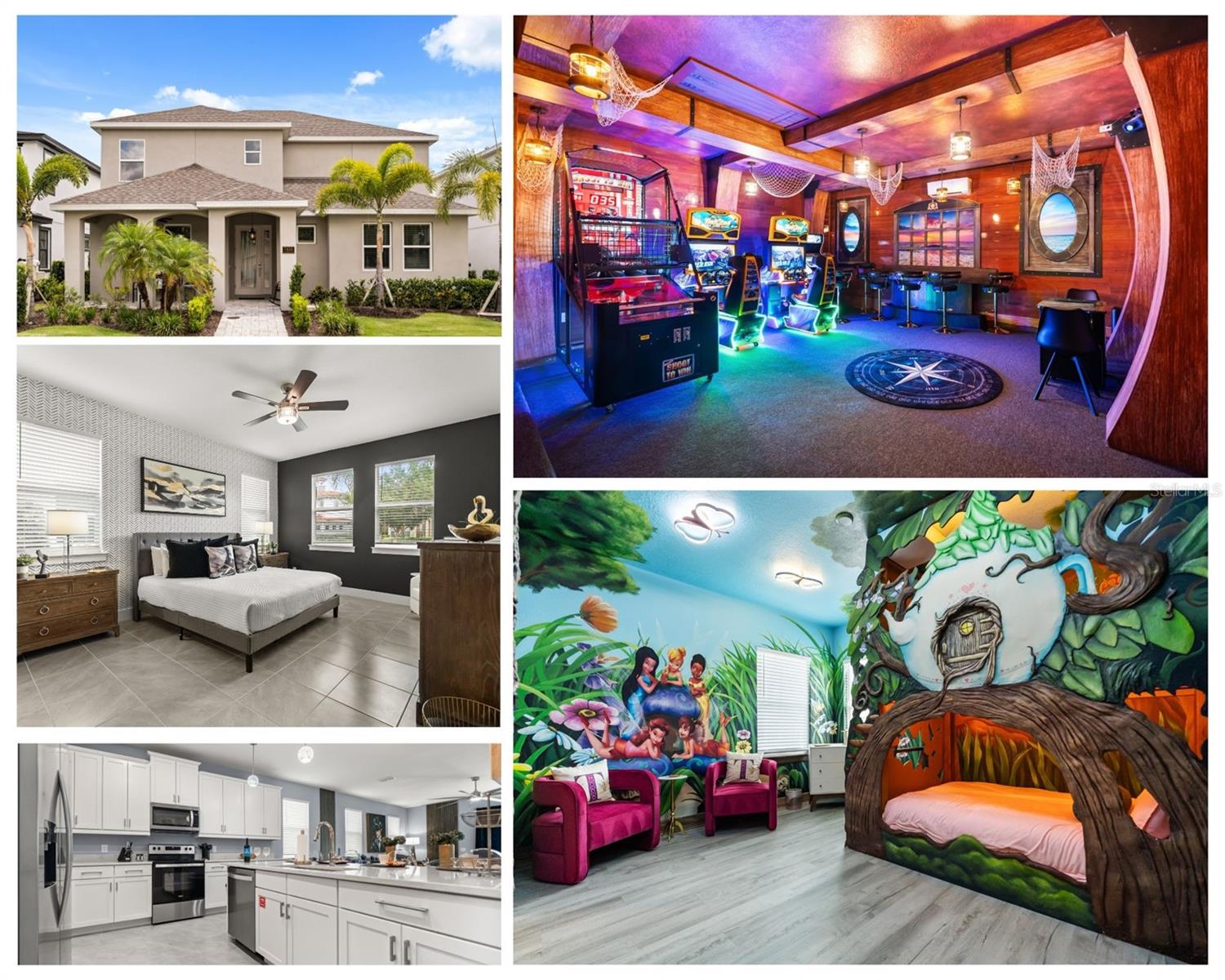 Luxurious 6 Bedroom 4 Bath TURNKEY Vacation Retreat located in the highly sought after Community of Homestead at Reunion Resort. Designed for both relaxation and entertaining, the home features a bright open concept layout with chic modern furnishings and thoughtfully curated décor, creating an atmosphere of effortless sophistication. There is a FIRST FLOOR PRIMARY bedroom and the Primary bath has dual vanity sinks, hardwood cabinets with stone countertops, and a large walk-in shower.  The spacious living area serves as the heart of the home, offering plush seating and abundance natural light, making it an ideal place to unwind after a day of enjoying the Resort or many of the other area attractions. The fully equipped chef’s kitchen impresses with sleek stainless appliances, pristine stone countertops, and a breakfast bar providing additional seating, perfect for casual dining, morning coffee, or lively conversation. The dining area can seat up to eight guests comfortably, providing the perfect space for meals with family and friends. Enjoy hours of endless entertainment as you step outside to your own private oasis. The south facing deck features a sparkling pool, relaxing spa, foosball, basketball hoop and covered lanai with seating for 6.The home also features tile flooring throughout the entire first floor providing both style and easy maintenance NO CARPET! As you proceed to the second floor you notice the stairs have luxury vinyl flooring as does the loft area and guest bedrooms. There are Two AMAZING Themed Bedrooms one being a Peter Pan Adventure and the other a Disney Princess Haven and have a slide connecting the rooms and they also share a jack & Jill bathroom. Kick back and relax in the spacious Rock n Roll inspired loft area ideal for to enjoy. You will absolutely be AMAZED with the Pirate Themed Game room & bar area that includes several arcade games, pop a Shot basketball, karaoke and much more! Whether you’re searching for a luxury vacation home, a profitable short-term rental investment, or both, this beautifully appointed property delivers the perfect combination of location, comfort, and resort-style living. This amazing home is located a few steps away from the Homestead community pool and a short walk to the the Reunion Grande where there are several delicious dining experiences including a Sushi Bar & the 7593 Chophouse both located on the Lobby Level. On the 11th floor there is a rooftop restaurant & bar to enjoy your favorite cocktail or relax by the fireplace and pool. Located adjacent to the hotel, enjoy the Golf Clubhouse, the Seven Eagles Pool Pavilion & fitness center. Additional amenities include 3 Signature Golf Courses, a miniature putt putt course, 5 Acre Waterpark, 12 community pools, playground, sand volleyball, tennis & pickleball courts and dog parks. Reunion Resort is a 2,300 acre Private Golf and Tennis Community, just 6 miles to Disney and the parks, and a 30 min drive to the Orlando International Airport. Call to setup your private showing today, this GEM will not last!