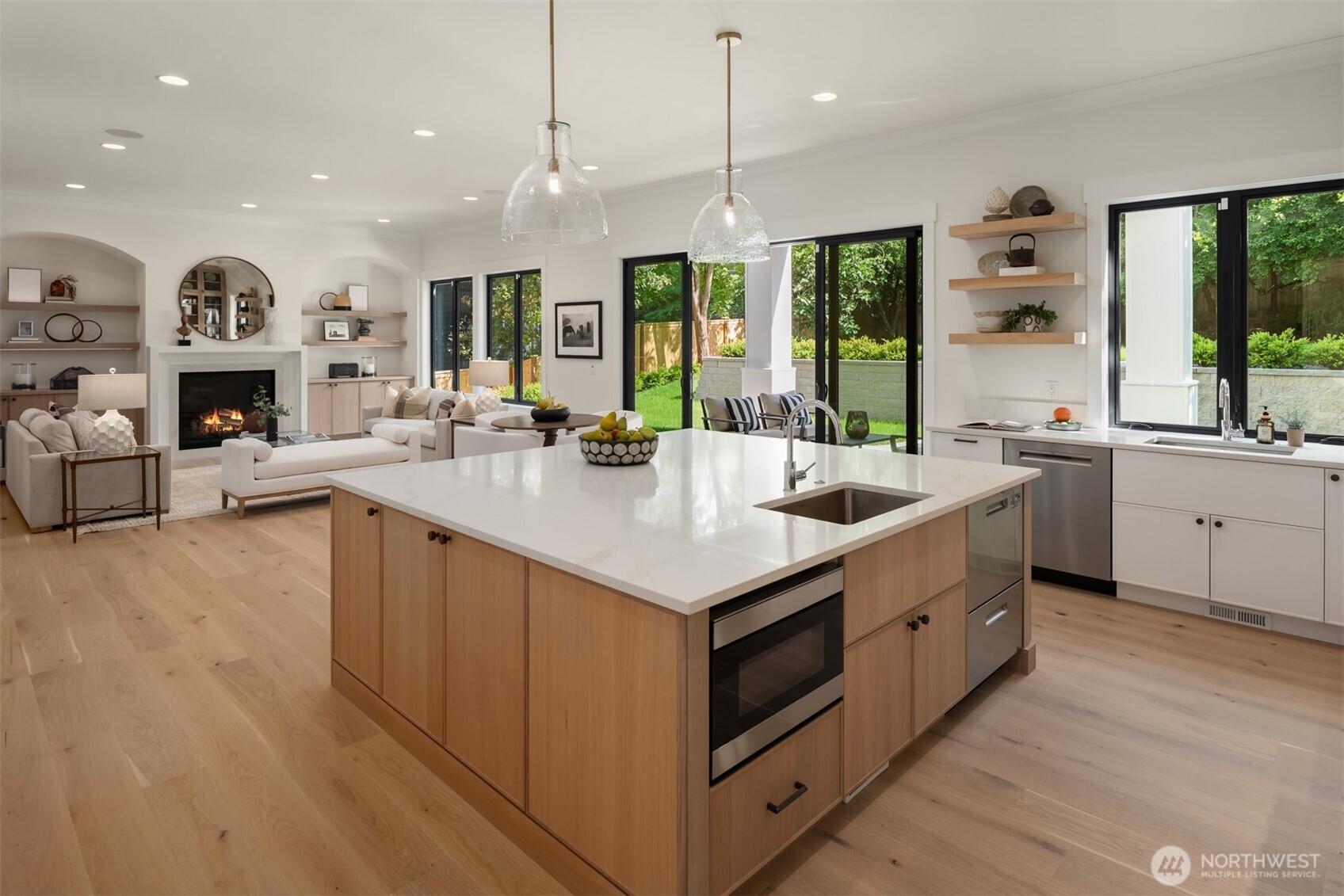 Spacious island kitchen with abundant natural light.