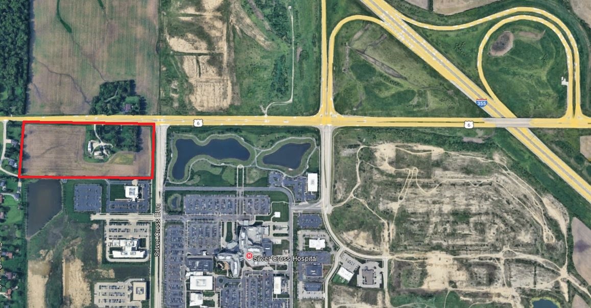 Price is per square foot based on 13+ Acres as surveyed.    Front door exposure.....to Hospital & supporting MEDICAL BLDGS....,  +  I-355.  550' on SC Blvd. + 980' on US Rte. 6.   Incorporated under special Hospital / Medical uses yet still zoned as farmland which will require rezoning to intended use(s).  Village of New Lenox reports it would like to see C-3 Commercial development.     Lots of action especially focused on the 'GO TO HOSPITAL" for the entire southwest Chicagoland area.      Enormous traffic counts.  Hottest location in New Lenox.    Improvements are typical farm-related buildings. Seller MIGHT consider division...let's chat.