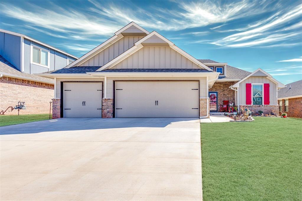 Located in the desirable community of The Waters, this 2023 Hummingbird floor plan built home by Homes by Taber offers a thoughtfully designed layout and exceptional features blending comfort, function, & modern efficiency. The extended back patio includes a wood-burning fireplace, gas line for grilling, & TV hookup, while the front porch adds curb appeal and charm. Inside, the open-concept living area welcomes you with a cathedral ceiling, ceramic tile flooring, & a gas fireplace with stacked stone surround. Ample natural light pours through large windows, creating an inviting space ideal for gatherings. The kitchen is equipped with Frigidaire stainless steel appliances, a built-in stove & oven, microwave, custom cabinetry, under-cabinet lighting, 3cm countertops, & a spacious island that houses a double sink and dishwasher. A walk-in pantry and pendant lighting add both style & practicality! From the living space, a modern sliding barn door leads to the primary bedroom and versatile flex room—perfect as a third bedroom or office, adding a stylish touch and separation. The primary suite features a sloped ceiling and an ensuite bathroom with dual vanities, two walk-in closets, a Jetta whirlpool tub, & a sizable separate walk-in shower. Each of the four bedrooms is well-sized, offering sufficient closet space with built-in shelving & ceiling fans. The large utility room includes built-in storage, & the extensive attic space and a three-car garage with an in-ground storm shelter. Built with energy efficiency in mind, a tankless water heater, R-44 insulation, smart sprinkler systems in both the front and backyard, and a smart garage door opener. Storm doors are installed at both the front & back entrances, and elegant under-soffit lighting adds a warm evening glow to the exterior! Buyers may also benefit from Cleveland County Down Payment Assistance options, & this home may be eligible for an assumable loan at 5.875% interest—be sure to ask your agent for details.