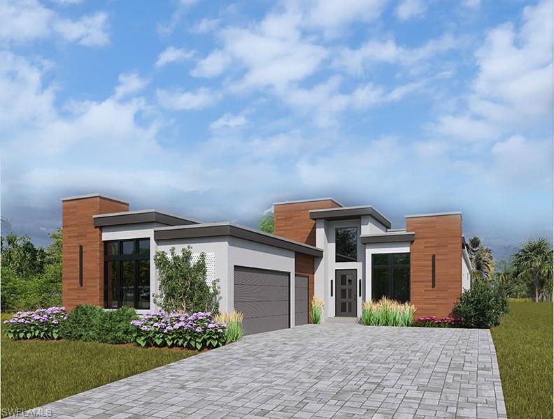 Contemporary house with an attached garage, a front lawn, decorative driveway, and stucco siding