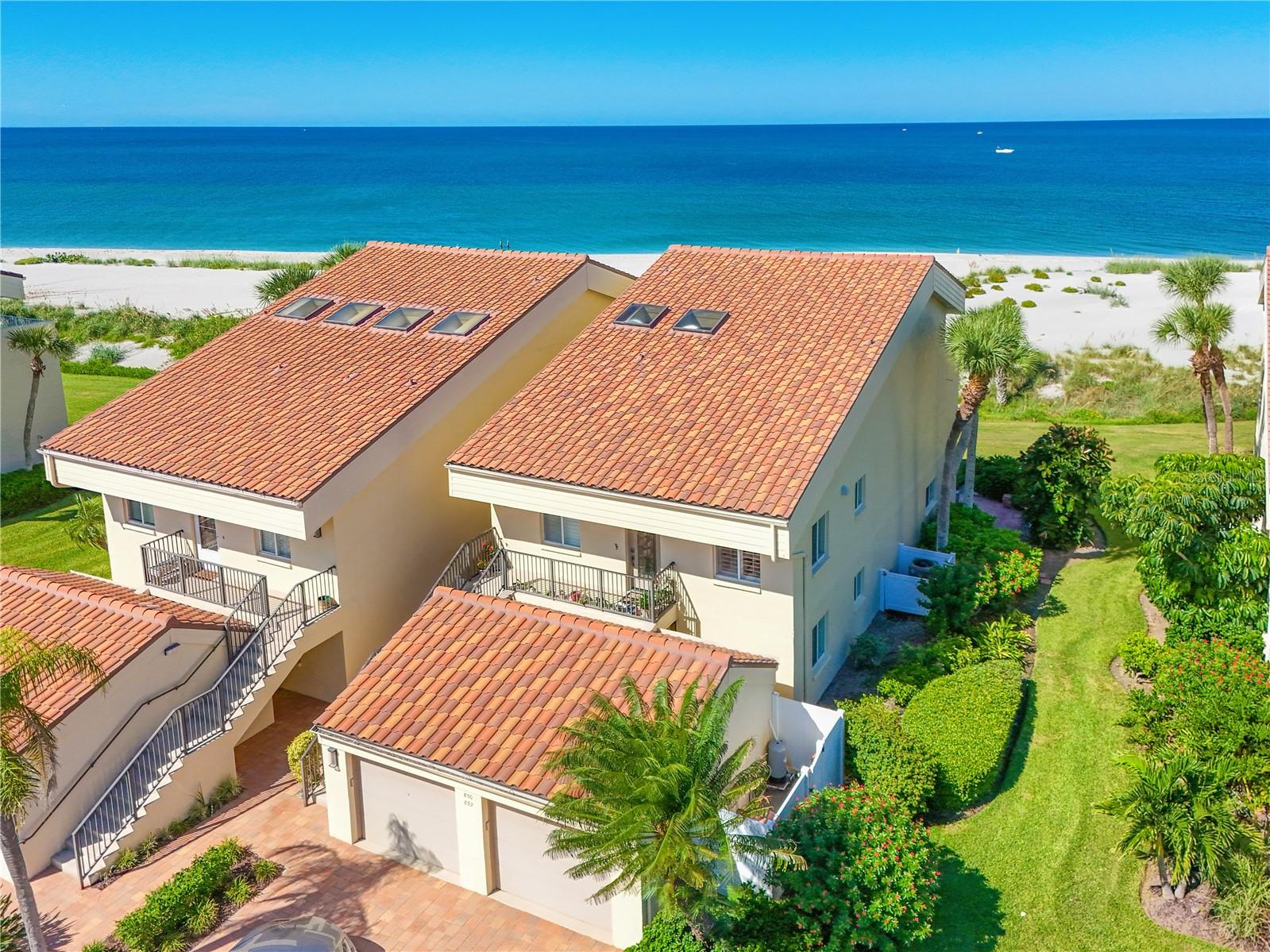 Imagine waking up every day with the most spectacular view of Golden Beach on the Island of Venice.  Totally unobstructed views to the gorgeous Gulf waters. AMAZING. Literally walk out of your screened porch (with hurricane shutters) to your nearly private and rarely used beach! This incredibly well managed and maintained beach condo and complex suffered no damage during the storms of 2024 as the elevations are high enough to keep the buildings out of harms way! This beautiful home offers three bedrooms (third bedroom can be a flex room as well with it's Murphy bed) and two updated baths. The open living and dining room are comfy and also have views directly to the beach. Two additional windows were added, one in the living area and one in the main bedroom for additional light. There is a separate, detached garage that has some extra space for your bicycles and beach toys. Private pool for the enjoyment of the complex. With only 16 units total, nestled within 8 buildings, you'll not find another complex that compares. Minutes to adorable, downtown Venice.