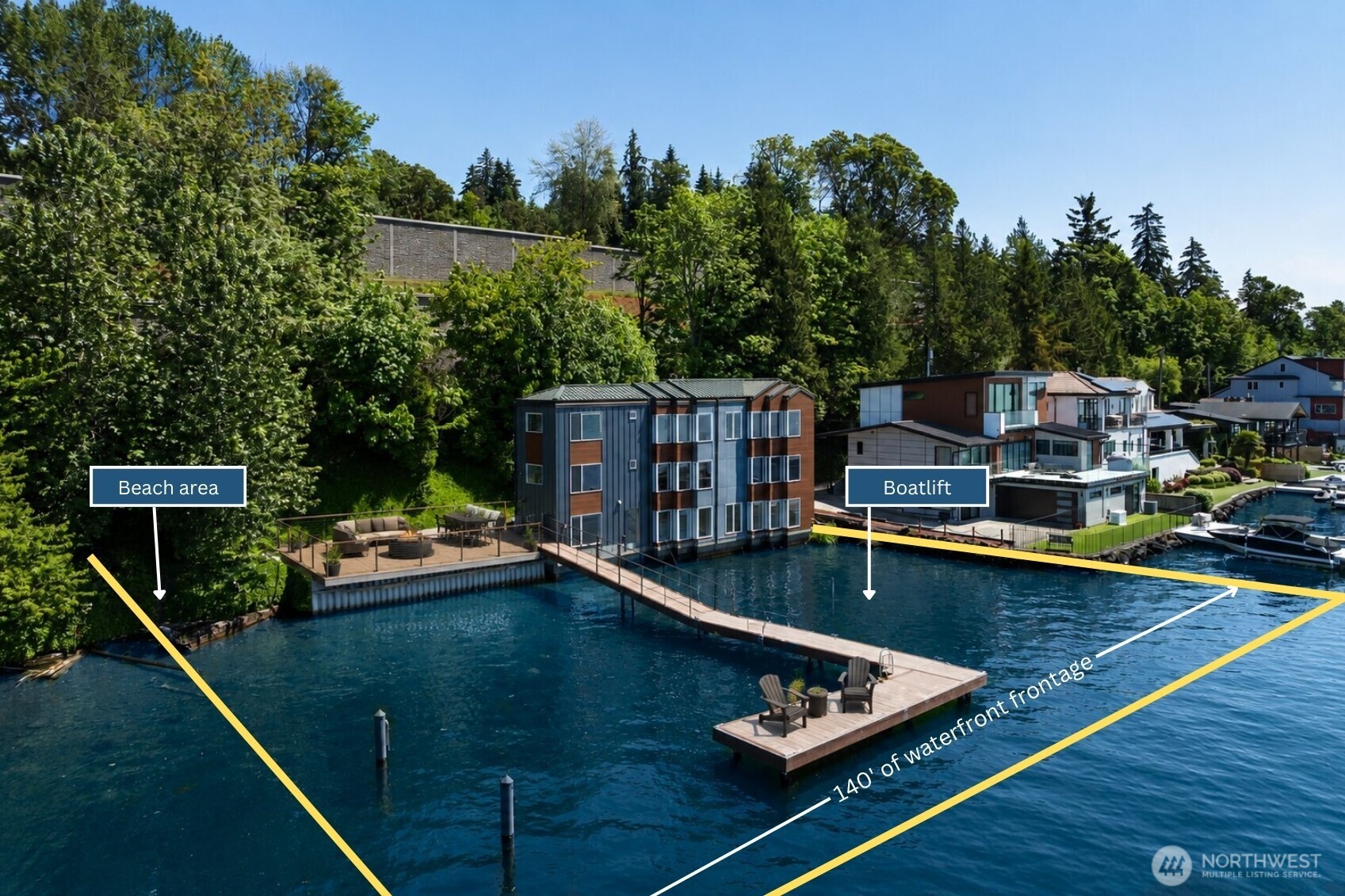 Welcome to 140' of waterfront living! Positioned directly on the water, featuring a private dock with boat lift, it's own private swim beach, approximately 70' of boat mooring space with power. This residence delivers an exceptional lifestyle both indoors & out. Walls of windows frame expansive Lake Views from virtually every room. The heart of the home is designed for connection with an open-concept layout featuring a spacious kitchen with granite countertops, raised-panel cabinetry with glass-front display, marble tile flooring, oversized peninsula seating, and seamless access to entertaining spaces. Multiple bedrooms are thoughtfully positioned across levels providing flexibility for guests, work-from-home needs, and multigenerational living, including flexible bedroom spaces. The private primary suite offers a spacious waterfront retreat with oversized windows framing water views, a large walk-in closet, expansive walk-in shower, soaking jacuzzi tub, ensuite bath, and direct access to lower-level living spaces designed for relaxation and privacy. The waterfront decking extends your living outdoors with generous entertaining spaces positioned directly above the water, creating the perfect setting for dining, gathering, or enjoying lake life. Located just mins to Seahawks training facilities, Renton Landing, Bellevue, restaurants, shopping, Eastrail trails, and major commuting routes, this home delivers a rare combination of waterfront access, and everyday convenience.