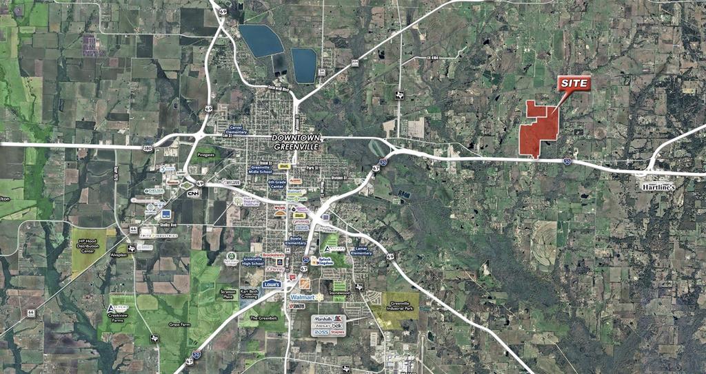 Prime 353.6± acre development and investment opportunity along the Interstate 30 growth corridor, just minutes east of Downtown Greenville. This large, contiguous tract is located in Greenville’s ETJ and offers nearly 10,000 feet of combined frontage along the I-30 frontage road, CR 4107 and CR 4106. The property is positioned near a proposed future interchange at I-30 and CR 3103 associated with TxDOT’s I-30 Hunt County East project. Greenville’s Future Thoroughfare Plan also depicts a proposed major arterial extending north from the interchange through the property. Potential uses include residential, industrial, commercial or mixed-use development, subject to applicable governmental approvals. The property is governed by Hunt County regulations, providing flexibility for future planning. Shady Grove SUD water lines serve the surrounding roads, City of Greenville water and sewer are approximately one mile away, and electricity is available along the property’s road frontage. Minimal floodplain. Agricultural tax exemption and agricultural lease currently in place. An increasingly difficult-to-replicate opportunity in Greenville’s path of growth. Buyer and buyer’s representatives should independently verify acreage, utilities, floodplain, roadway plans, development requirements and all other information. Informational Brochure available upon request.