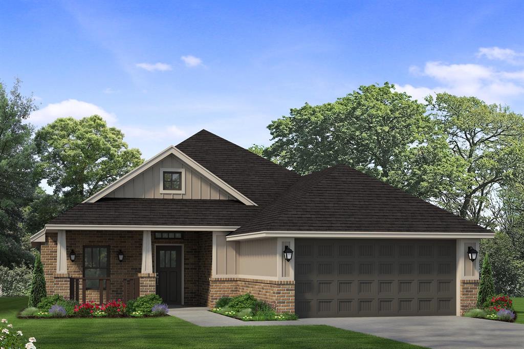 The Derby at Danforth Crossing welcomes you with a charming craftsman exterior and thoughtfully designed modern interiors. Just off the front entry, a sunlit flex room overlooks the front porch—ideal for a home office or quiet retreat. The open-concept living and kitchen area is perfect for gathering, featuring a cozy gas fireplace, wood-look tile floors, and a large island made for everyday meals and entertaining. The private primary suite offers peaceful backyard views and a spa-inspired bath with a dual-sink vanity, expansive walk-in shower, and generous closet. Built for comfort and efficiency, this home includes 2x6 walls, spray foam insulation, smart home features, healthy air filtration, a tankless water heater, and storm shelter. Enjoy low-maintenance living just off the I-35, minutes from shopping, dining, Arcadia Lake, and future community amenities like pickleball courts.