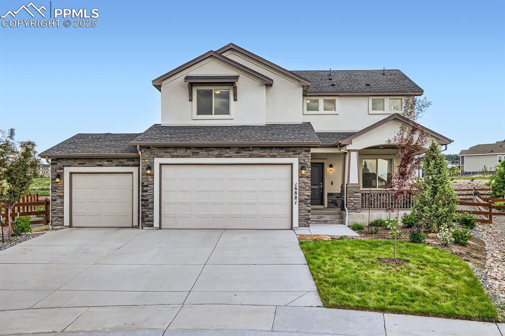 Welcome to this stunning 2-story offering many upgrades and custom finishes. Beautifully landscaped with MOUNTAIN VIEWS. 3-car garage with 60 amp/220 volt for electric vehicle charging and side service door to the backyard. Located on a cul-de-sac. Stone and stucco exterior. Extended covered front porch with views. GOURMET extended designer kitchen with a Jenn-Air gas cooktop, Jenn-Air double oven, upgraded kitchen hood that vents to the exterior, upgraded dishwasher, beautiful quartz countertops, pantry, designer tile backsplash, upgraded cabinets with crown molding, upgraded hardware, kitchen island and a Kohler touch-less on/off faucet. MAIN LEVEL STUDY with French doors and an extra window to allow additional natural light and french doors. Upgraded luxury vinyl plank flooring. Enlarged sliding glass door off the spacious dining area w/access to a gorgeous backyard.  Extended patio. Great room opens to the kitchen and offers two extra windows on either side of the Cosmo gas log fireplace. This special fireplace has a blower, upgraded Knotty Alder mantle, big screen TV and designer tile.  Spacious upper level master bedroom w/walk-in closet, walk-in oversized shower, designer tile and quartz countertops. Upper level laundry room with extra cabinets, tile and laundry sink. 2 additional upper level secondary bedrooms. Secondary full bath w/quartz and tile. FULLY FINISHED BASEMENT w/2 bedrooms, large family room and an upgraded full bath. Additional upgrades include central air, mixture of Hunter Douglas brand motorized cellular shades throughout, surround sound hookups located in the basement, recessed lighting with dimmers in the basement and main level great room, staircase with iron balusters and additional sound insulation. Additional landscaping water zones have been added for future gardening beds, electrical conduit buried and another additional water zone to facilitate a future fountain. Garage has a hot/cold hose Bibb. You will love touring this home.