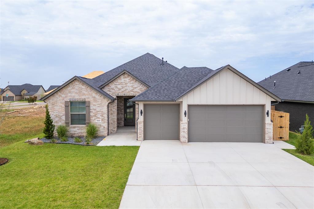 So many upgrades at no additional cost to the buyer! Brand-new, beautifully designed 3-bedroom, 2-bath home offering 1847 square feet of thoughtfully crafted living space, to be completed and move-in ready this summer. This thoughtfully designed open-floor plan features an oversized island, a gas range and stainless appliances, a large walk-in pantry, and abundant cabinetry, perfect for both everyday living and entertaining. Wood-look tile flooring flows through the main areas, combining durability with a warm, modern aesthetic. The primary suite is a private retreat, complete with an extra large shower, dual vanities, and an expansive closet. Two additional bedrooms feature spacious closets and a second bathroom, perfect for family or guests. Step outside to a huge covered back patio, ideal for relaxing evenings or hosting gatherings year-round. Additional features include a sprinkler system and upgraded landscaping. This gorgeous home is located in the desirable community of Sanabria, a quiet and peaceful neighborhood equipped with a fitness center, resort-style pool and only minutes from Norman, Downtown OKC, Edmond and Tinker Air Force Base and in the Moore School District.