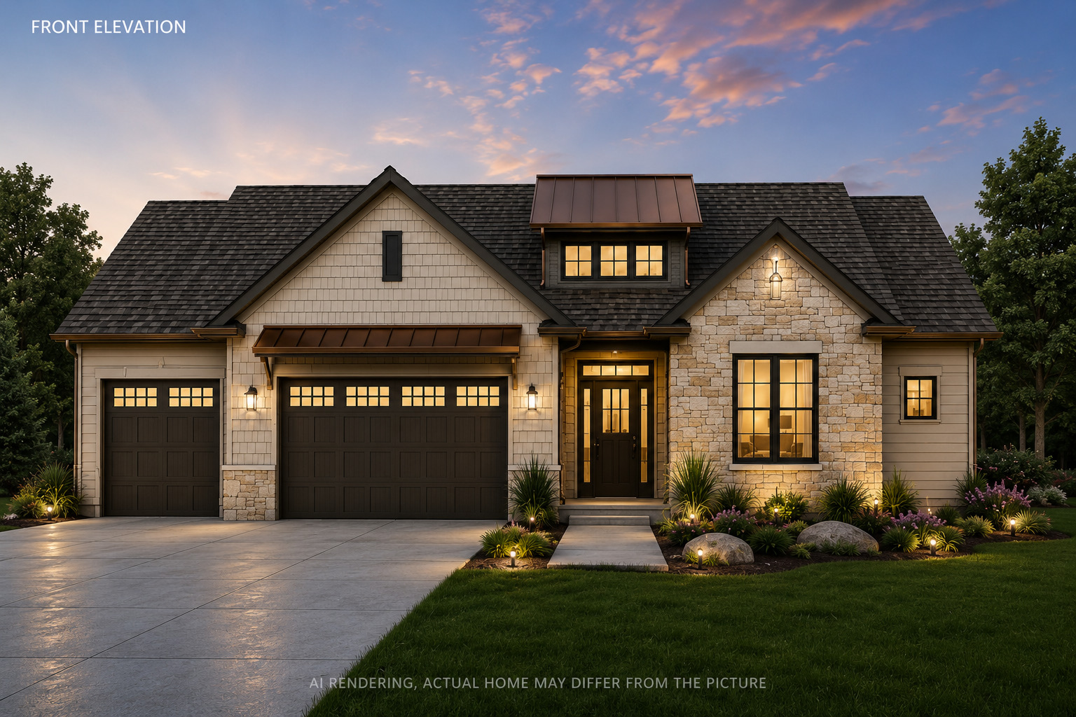 New construction is currently underway with an estimated completion date of March 2027! This stunning ranch-style home offers 6 bedrooms, 3 bathrooms, a 4-car attached garage, and a thoughtfully designed layout with incredible space and functionality. The main level features an open-concept kitchen, dining, great room, 3 bedrooms including a spacious primary suite, and a convenient laundry room. Solid-surface quartz countertops throughout add a beautiful finishing touch.    The finished basement offers 3 additional bedrooms, a full bathroom, second laundry room, large recreation room, theater room, bar area, and plenty of storage. Large windows throughout the home bring in an abundance of natural light, while the covered patio provides additional outdoor living space.    With its impressive 6-bedroom layout, 4-car garage, finished basement, multiple entertaining spaces, and quality finishes, this home is designed to accommodate both everyday living and entertaining. Don't miss the opportunity to own a brand-new home currently under construction with an estimated March 2027 completion.