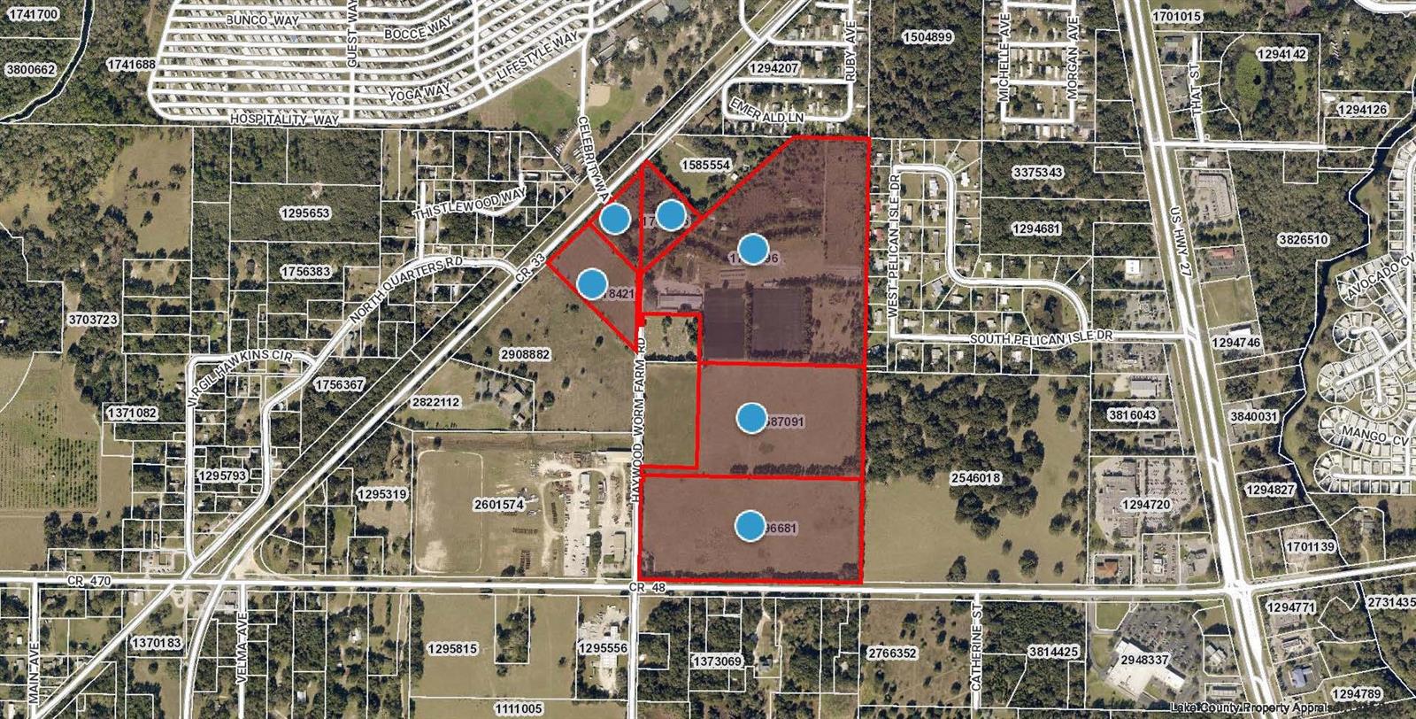 Offering is for 73+/- Acres w/ an adjoining 14+/- acre parcel also available in Lake County, FL just off S US Hwy 27 and  surrounded by explosive growth from The Villages newest expansion as well as other developments. The value is in the land. Located under the county's jurisdiction, property will need to be annexed into the City of Leesburg and rezoned for commercial, professional, industrial or mixed use, currently zoned AG with a FLU / Future Land Use of Regional Commercial and access a short distance from US 27 with frontage on CR 48 and CR 33 making this an ideal Central Florida address that is minutes to I-75, Florida's Turnpike and 45 minutes to Orlando or Ocala. Offering is an assemblage of 6 parcels. Lake County Alt Key #'s 1741866, 1774926, 2718421, 1774896, 2587091 & 2696681 with adjoining 290882 also available. All information is believed accurate and correct but not guaranteed or warranted and subject to change without notice. Shown by appointment - do not enter property without authorization.