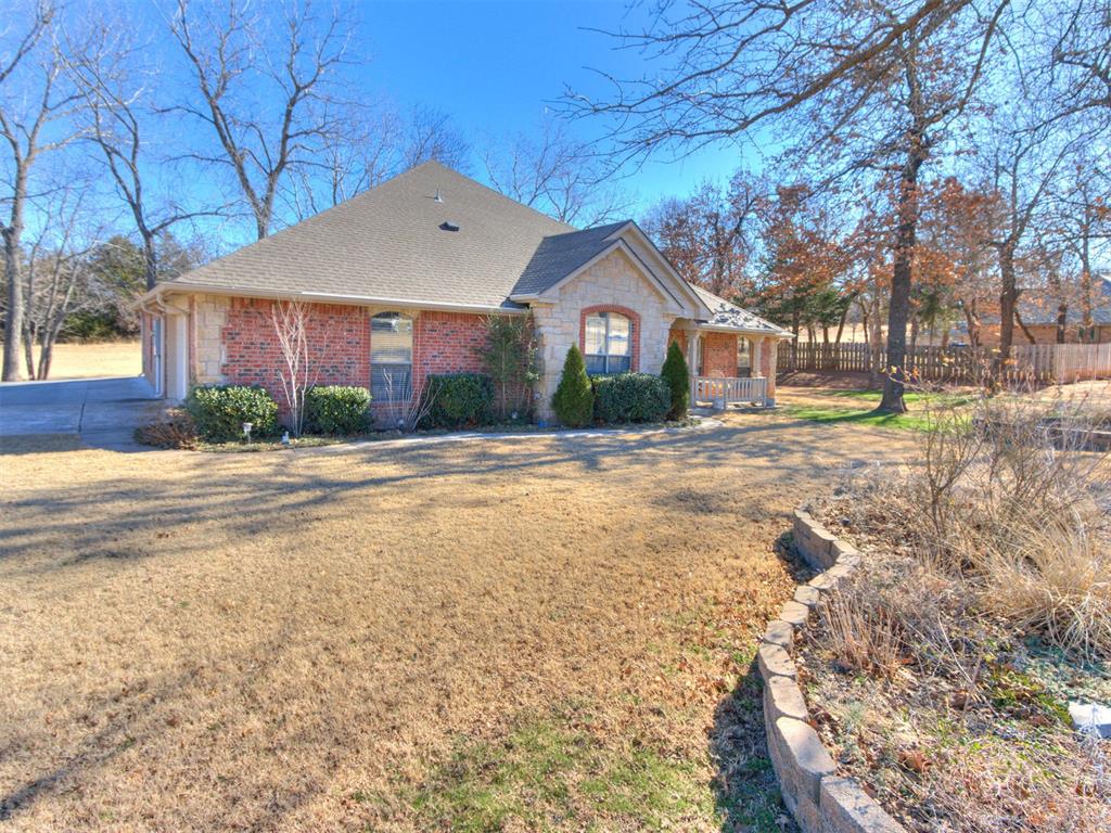 Welcome to this beautiful 4-bedroom home with a dedicated office, perfectly situated on a serene 1-acre lot. Inside, you will find a spacious layout with a large kitchen featuring granite countertops, ample cabinet storage, and plenty of counter space—perfect for entertaining or family gatherings. The primary suite is a true retreat, offering a soaking tub, a separate shower, and a generous walk-in closet. Enjoy quiet mornings or relaxing evenings in the peaceful backyard, surrounded by nature and open space. Great neighborhood. Additional highlights include: In-ground storm shelter for added safety, Private well and aerobic septic system, Water softener system, Home office ideal for remote work or study, just 5-10 Minutes away from I-35 and shopping.