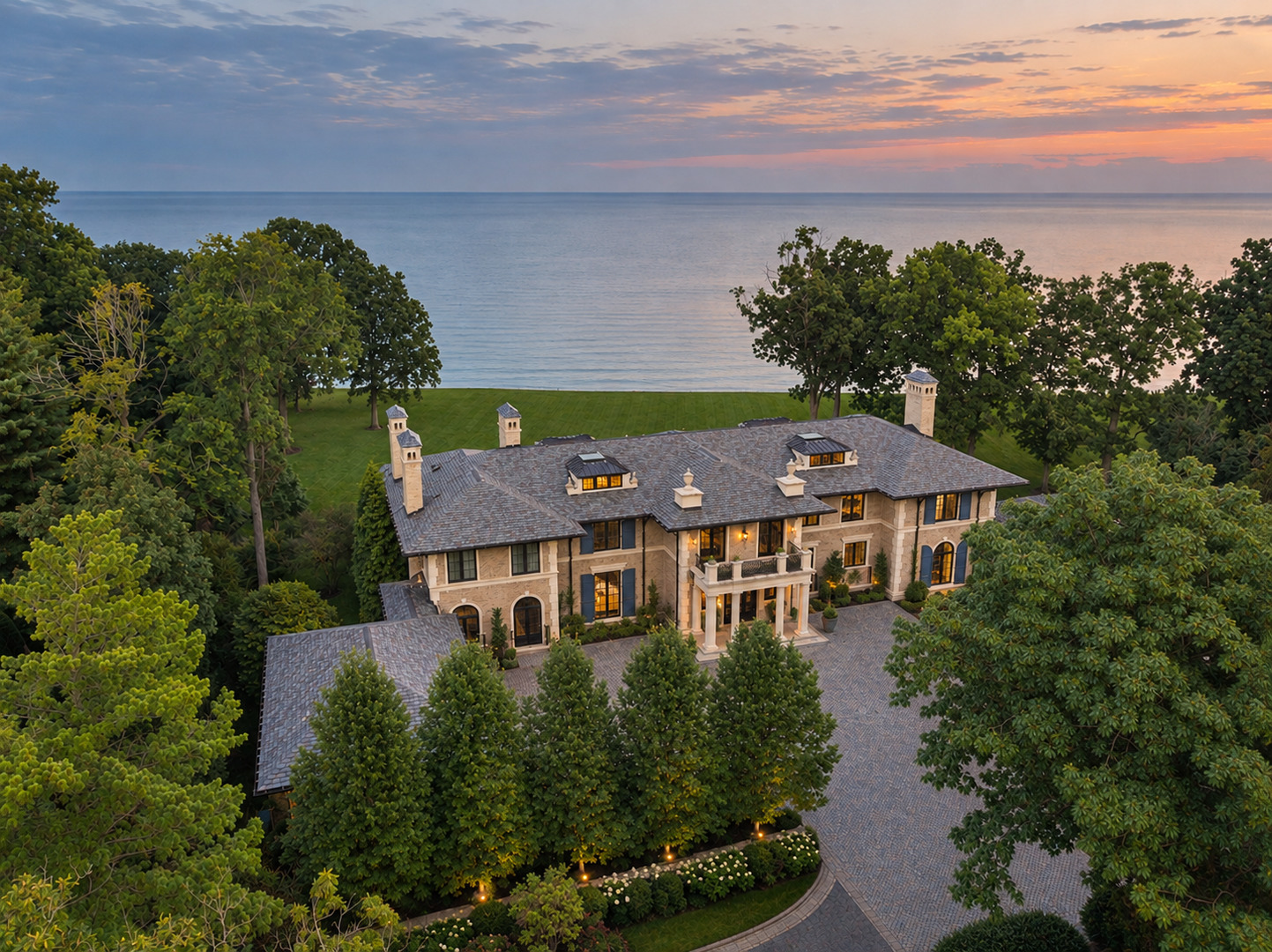A rare marriage of history, architectural artistry, and modern 2026 luxury, Villa Turicum is more than an estate-it is a legendary landmark that helped define the grandeur & enduring legacy of Chicago's North Shore. Truly an extraordinary state-of-the-art continuation of a Rockefeller legacy set on more than five breathtaking acres with over 570 feet of private Lake Michigan frontage, making this the largest lakefront estate ever to be offered to the public. The experience begins at a newly protected cove beach, complete with two boat launches and a boathouse, where the dramatic approach from Lake Michigan towards the estate unfolds as you ascend up the original Italian-inspired curved terraced stairways to the historic grounds. Admiring the famous iconic shell basin fountain & a whimsical piece of Edith Rockefeller's legacy-her famed alligator sculpture, guarded by two beautifully carved pelicans- you reach the top of the bluff with stunning views of the 7-year-young newly built luxury compound in the distance. With the endless blue waters as the breathtaking backdrop, the manicured grounds lead to a spectacular resort-level pool, outdoor kitchen & separate stone spa elegantly accented by a sculptural lion's head fountain; this is the real front door entry to this 20,000 square feet of finished space masterpiece. With incredible unobstructed panoramic lake views from the entire East side, this open concept floorplan is all about relaxed luxury. The handsome walnut paneled foyer, limestone floors sprinkled with golden-hued stones imported from Jerusalem, accent the custom arched double doors & intricate wrought-iron curved staircase. Your own RL Polo lounge-inspired library feels like your ultimate private club, opening directly to the bluestone loggia with outdoor fireplace & spa area. Sun-drenched living room flows seamlessly into the elegant dining as the wall of French doors keeps Lake Michigan front and center. Tailored white Christopher Peacock kitchen with reclaimed wood ceiling beams and massive island in hue blue/grey quartzite organically blends with the lake and is paired with the bes of the the best: La Cornue, Miele, Waterworks, Sub-Zero. Breakfast room flows right into the cozy step-down family room with a coffered ceiling, FP, and wet bar. Take the elevator to the second floor where the primary suite takes full advantage of its lakefront setting. French doors open to a private bluestone balcony overlooking Lake Michigan, 2 separate custom closets and a luxe spa bath create a true private retreat. Four additional bedroom suites, each with their own personality, are beautifully finished with exquisite marble baths and outdoor access to enjoy lake views all year long. 2nd laundry room with 3 washers & 3 dryers off the 2nd staircase down to auxiliary mudroom area. And then there is the spectacular lower level with a wellness wing equipped gym, custom spa boutique with RIVA jetted tub, overhead rain shower, fireplace, steam shower and sauna. It keeps going with a 16-seat theater, billards room, lounge/club wet bar, joined by an impressive wine room with glass views of the underground 16-car garage with separate drive-up to snowmelt stone motor court framed by two three-car garages. The replication cost of just the home alone today is over $17m, as the civil engineering was that of a commercial-level build. Now add the 570 private ft. of lakefront on 5 acres, the resort outdoor hardscaped grounds, and then the amazing historic remenets. All of this is why Villa Turicum represents the pinnacle of lakefront luxury at an undeniable value, as this will trade generational hands to someone who cherishes and values the new build but embraces the history of owning a legendary piece of the North Shore. Villa Turicum defines the phrase "one of one"!