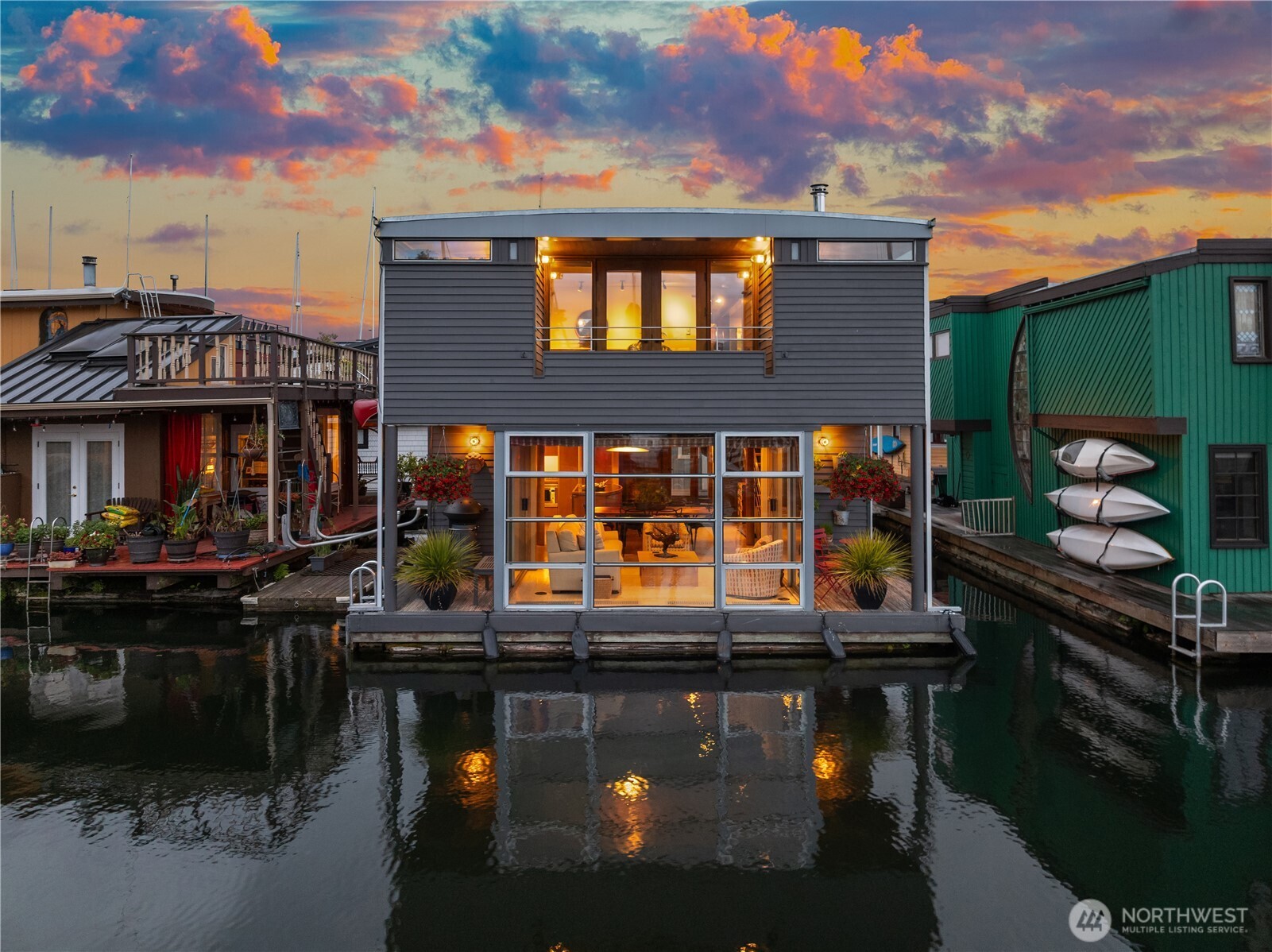 Designed by George Suyama, one of the PNW’s most revered architects & brought to life by the acclaimed firm Krekow Jennings, this is one of Seattle’s most distinctive floating homes—a rare harmony of design & craftsmanship. Its sun-filled, south-facing slip near the end of Westlake’s premier dock offers views of Downtown & Gas Works Park. Gracefully extended into the channel, the glass-wrapped sunroom creates a unique view corridor into Lake Union, blurring the boundaries between indoors & out. A flat roof with ladder access offers 360* views & exciting potential for a full rooftop deck. Quintessential Seattle living awaits—just a short stroll from both Downtown & Fremont. Gated entry, ~45’ x 8.5’ boat moorage & city parking for residents.
