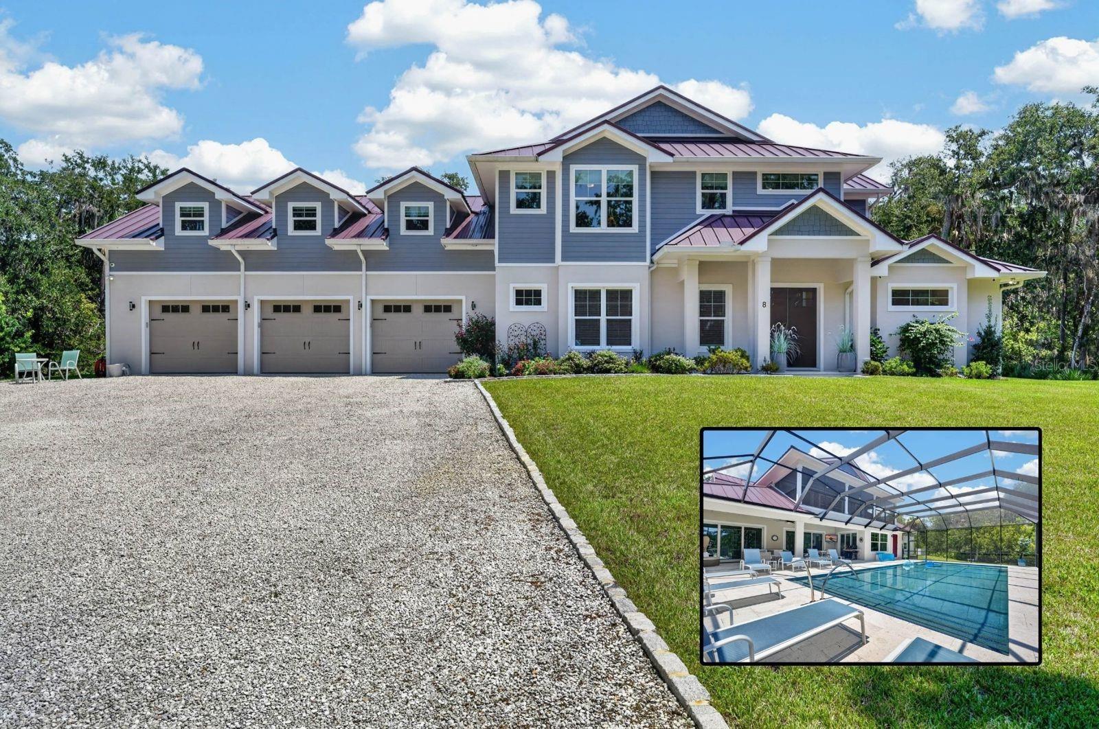 A Rare Equestrian Sanctuary — Old Florida Elegance Meets Modern MasterworkSet behind the gates of one of the region's most coveted equestrian communities, this extraordinary 5,600-square-foot estate unfolds across 5.5 sprawling acres, cradled by century-old oaks and untouched natural beauty. Here, modern minimalist architecture, sleek finishes, and quiet sophistication — meets the timeless charm of Old Florida living, just minutes from the beach, the Intracoastal Waterway, and every convenience you could ask for. This home was constructed without compromise. Impact glass windows, 8-foot solid-core doors, and a 50-year custom metal roof provide enduring peace of mind, while a 40kW generator, 350-amp electrical service and a 1,000-gallon propane tank ensure uninterrupted comfort no matter the season. All-concrete septic, 8" block construction with wire-mesh reinforced slabs, and a full sprinkler system on a separate well speak to the kind of engineering rarely found at this level. The residence offers 4 bedrooms and 4.5 bathrooms, anchored by two luxurious master suites — each with its own en-suite bath, walk-in closet, and bidet. A generous bonus room offers effortless flexibility as a fifth bedroom, private guest suite, home office, or media room, ready to adapt to your lifestyle.The gourmet kitchen is outfitted with quartz countertops and premium fixtures, flowing seamlessly into sunlit living spaces finished in custom porcelain flooring. Every bathroom is appointed with Kohler fixtures, while thoughtful details — a central vacuum system, reverse osmosis water treatment for both drinking and showering, a hybrid hot water heater, custom stainless railings, and two oversized laundry rooms. Step outside to a 20x40 heated saltwater pool, complete with a sundeck walkway leading to a private viewing platform of historical Bulpow Creek and dock overlooking the natural landscape, connected to the Intracoastal waterway — an idyllic spot to watch the sun set over your own slice of Florida paradise. The grounds are fully suited for horses, with ample room to add a guest house or additional structures, and equestrian-community amenities right outside your door.Car and hobby enthusiasts will appreciate the expansive 1,200-square-foot air-conditioned garage with custom flooring and a dedicated 50-amp RV hookup — a rare feature that speaks to the meticulous care behind every inch of this property.A comprehensive camera security system offers full peace of mind, while the estate's gated, private setting among mature oaks delivers a rare sense of sanctuary, all while remaining just moments from the coast and beaches. This is more than a home — it's a legacy estate for those who demand privacy, craftsmanship, and an unmatched connection to nature, without sacrificing proximity to the best of coastal Florida living.This one of a kind opportunity is offered under the cost to purchase the 5 acre land and build this extraordinary home with all of the upgrades.