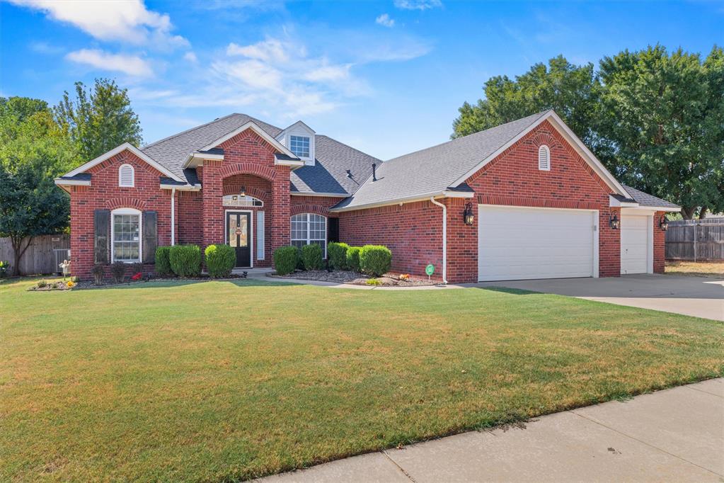 SHOWSTOPPER home in the premier Lake Shadows at Settler’s Crossing addition. Beautiful spacious light-filled home on an expansive corner lot. Step inside to find an open floor plan with high ceilings and beautiful wood craftmanship. Great floorplan with 3bedrooms and two baths. Beautiful entry leads into the formal dining room and the study. Formal dining is the perfect size for those special dinners. Study could be an office, playroom or bonus room. Spacious living room has high ceilings, lots of windows and a gorgeous stone fireplace. Living room flows seamlessly into the kitchen. Kitchen features gas stove, pantry, granite, breakfast bar and a big breakfast area to dine in. The private primary ensuite offers a relaxing retreat, with large closet, spa-like bath with separate shower and soaker tub. On the other side of the home, you’ll find spacious secondary bedrooms with generously sized closets.New interior paint. New carpet throughout. New roof 2025. Your back patio and backyard are your own private oasis. Enjoy our perfect Oklahoma fall evenings under the covered patio overlooking an enormous backyard. This backyard is ideal for outdoor dining, pets, or weekend get-togethers. Big 3-car garage. Deer Creek School district. Lovely quiet community with 3 lakes, mature trees, greenbelts, walking trails, and playground. Conveniently located to restaurants, medical, shopping and the turnpike. This home offers the perfect mix of comfort, space, and convenience. This is the ONE! Buyers to verify all info.