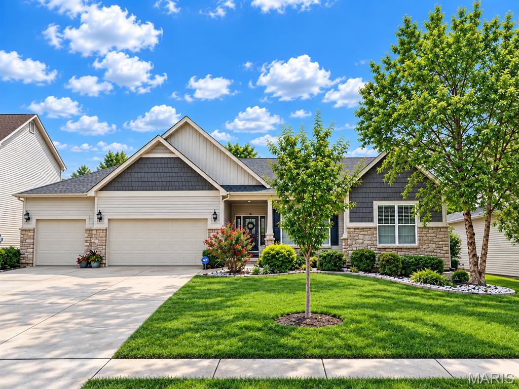 Pride of ownership shines in this one-owner ranch on a quiet cul-de-sac in Bellemeade! Built in 2014 by McKelvey Homes, this stone-front ranch has had only one owner, and they've taken meticulous care of it from day one. It offers 4,401 total finished square feet, with 4 bedrooms, 2 full baths and 2 half baths, so there's room for everyone to spread out. When you step inside, you'll the large home office and the gleaming hardwood floors throughout the main level. The open layout makes everyday living easy and is perfect for entertaining. Everything is on one floor, so the main level is as practical as it is beautiful. Downstairs, the wonderful finished lower level adds a huge amount of living space. You can gather around the fireplace on cool evenings or host friends at the bar area with granite counters. It's ideal for game nights, movie marathons, watching the big game or entertaining a crowd. Outside, the home sits on a private wooded lot on a peaceful cul-de-sac street. You get privacy and a natural backdrop while staying close to everything St. Peters has to offer. There's also a 3-car garage with plenty of room for vehicles, storage and hobbies, and the home is in the Fort Zumwalt School District.Homes this well kept, in a setting like this, don't come along often. Additional photos on 10/2 and showing begin on 10/8/2026.
