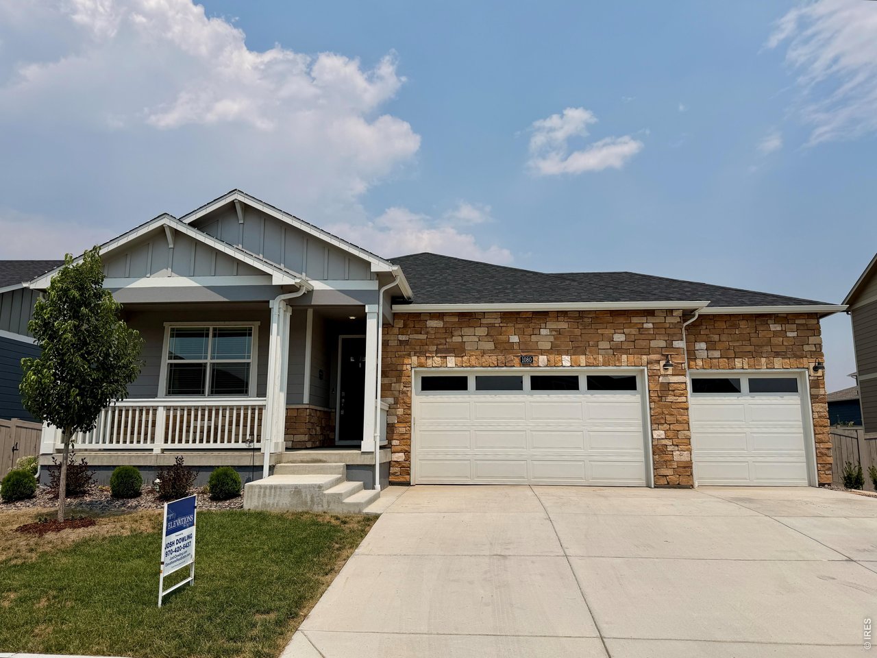 Welcome home to this beautifully updated property in the desirable Vantage neighborhood of Berthoud! From the covered front porch, take in stunning views of Longs Peak - the perfect spot for morning coffee. Step inside to durable LVP flooring flowing through the entry, hallway, kitchen, and living room, all under soaring 9' ceilings. The main floor offers two bedrooms at the front of the home with a full bath, plus a versatile 4th bedroom/office featuring built-in shelving in the closet. The kitchen shines with a large island, granite countertops, stainless steel appliances, a gas range, tile backsplash, an island sink, a spacious pantry, and crown molding on the cabinets. The living room is warmed by a gas fireplace and finished with a charming built-in shelf beneath the window along with floating shelves. Retreat to the primary suite in the back of the home, boasting dual sinks on a granite vanity, a tiled shower, and two closets - including a huge walk-in. Additional highlights include a 3-car garage with 220V power and tall ceilings, a covered back patio, a sprinkler system with drip lines, a tankless water heater, updated switches throughout, and 9' ceilings in the unfinished basement - ready for your future vision. Multiple trees and other greenery have been planted in back and along the sides of the home offering mature landscaping. Enjoy an unbeatable location within walking distance to the community pool and park, plus two dog parks nearby.