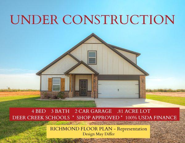 **Under Construction, Completion in December**A beautifully designed, brand-new Richmond plan home offering 1,990 sq ft, 4 bedrooms, 3 full baths, and a 2-car garage on a generous 0.81-acre lot. Upon entering, you’ll appreciate the open layout with luxury vinyl flooring blending kitchen, dining, and living spaces, highlighted by a kitchen island and GE appliances. The main floor includes the primary suite and two bedrooms, while upstairs you’ll find a bonus room, 4th bedroom and bathroom ideal for a home office or gameroom. Outdoor living is enhanced by a covered patio. Quality finishes such as cultured marble countertops in the baths underscore the home’s thoughtful design. In Deer Creek School District.  Neighborhood is shop approved.  Ask about 100% USDA Financing!