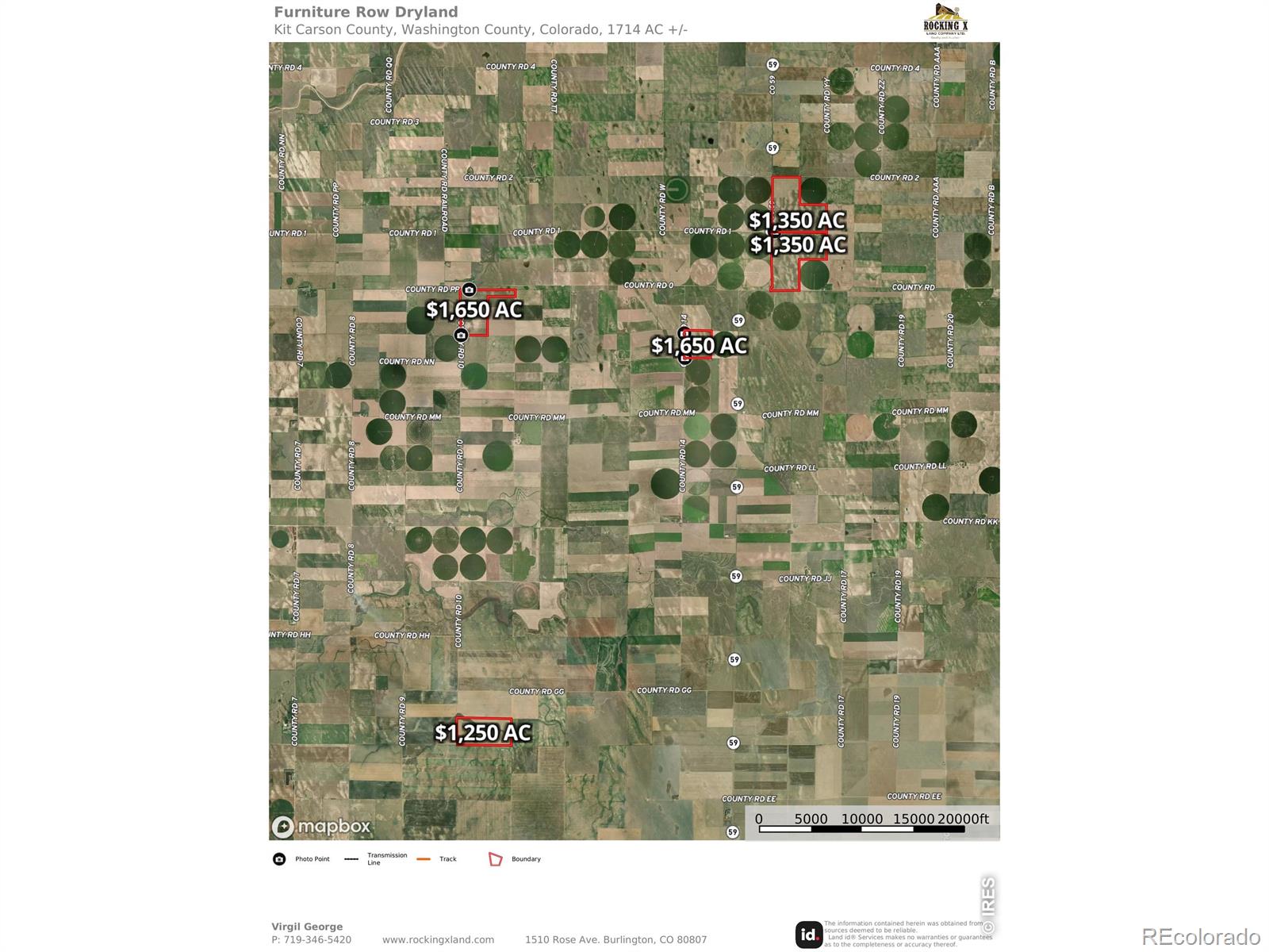 1,714 Acres, Kit Carson & Washington Counties, Colorado. Selling in 5 Separate Tracts. Growing crop negotiable. This is an exceptional offering in Kit Carson and Washington Counties, Colorado. This is a rare opportunity to acquire productive dryland farmland, offered in 5 separate tracts; take one or all 5 to suit a variety of buyers-from operators to investors. The land features predominantly Class II and III soils, known for their high agricultural productivity and consistency. Whether expanding your current operation or entering into a high-quality farming investment, this auction presents an unparalleled opportunity. With good tenant farmers in the area with the majority of the leases in the area being crop share.Located in GMU 107 & 109 with ga ood population of Deer, Antelope, and Pheasant.