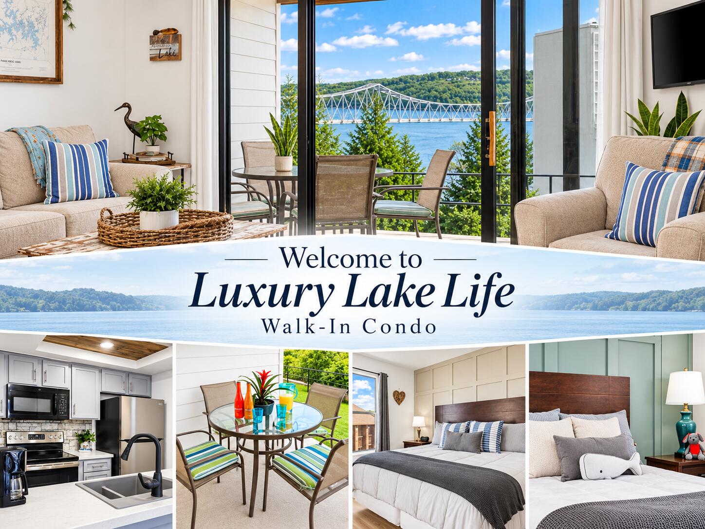 LAKE VIEW*WALK-IN*NIGHTLY RENTAL*TURN-KEY!Start making memories--and income--from day one with this beautifully updated 2-bedroom, 2-bath walk-in condo at The Getaways at Kimberling Crossing! Sold fully furnished, this stylish nightly rental offers gorgeous Table Rock Lake and Kimberling City Bridge views, an open-concept living area, full kitchen with bar seating, stackable washer/dryer, and a charming private patio perfect for morning coffee or evening sunsets.Guests love the resort-style amenities, including two outdoor pools (one newly added), an indoor pool, pickleball courts, two playgrounds, and Crazy Craig's Shipwreck Bar & Grill right on-site--making this an even more desirable vacation destination.Conveniently located just minutes from Port of Kimberling Marina, Silver Dollar City, Indian Point, Dogwood Canyon, StoneBridge Golf Course, and all the entertainment, dining, and shopping Branson has to offer.Whether you're searching for a personal lake getaway, a vacation home, or a proven income-producing investment, this turn-key condo truly offers the best of Table Rock Lake living!
