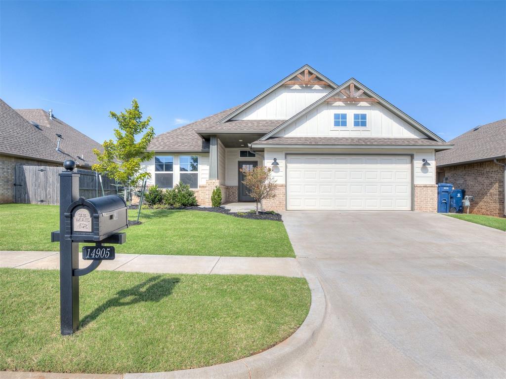 This beautiful home built in 2022 is ideally situated in the popular addition of Deer Brook within the award-winning Deer Creek School District. Offering 4 spacious bedrooms, an in-ground storm shelter, & tons of natural light & neutral tones throughout, this home is designed for comfort & peace of mind. As you approach the property, the charming curb appeal immediately stands out featuring wood beams, a striking contrast of red brick & painted siding, & multiple dormer windows for architectural interest. A spacious entry showcases the modern lighting, wood grain tile flooring, neutral tones, & 10' ceilings. The living room features tons of natural light with a wall of windows, a brick accented gas log fireplace, & open concept plan to the kitchen & dining area. A stainless steel farmhouse sink, 5 burner gas range, teal painted cabinets, & a spacious dining area are just a few of the things you will love about this kitchen. The large island with modern pendant lighting provides storage & additional breakfast bar seating for 3-4. The primary suite is set apart from the secondary bedrooms. It boasts a vaulted ceiling, tons of natural light, linen closet, painted cabinets, & a walk-in shower & tub. A 4th bedroom, perfectly situated at the front of the home & separate from the secondary bedrooms, would make an ideal home office or quiet study area. A small painted mud bench off the garage entry is next to the dedicated laundry room which features quartz countertops, plenty of storage space, & a colorful mosaic flooring. The covered back porch has a ceiling fan & wall mount for a tv. You'll appreciate the stylish Veneta cellular shades throughout the home. Neighborhood amenities include a pool & playground. You can't beat this location near local schools, Hefner Parkway, the Kilpatrick Turnpike, & popular local dining & shopping areas.