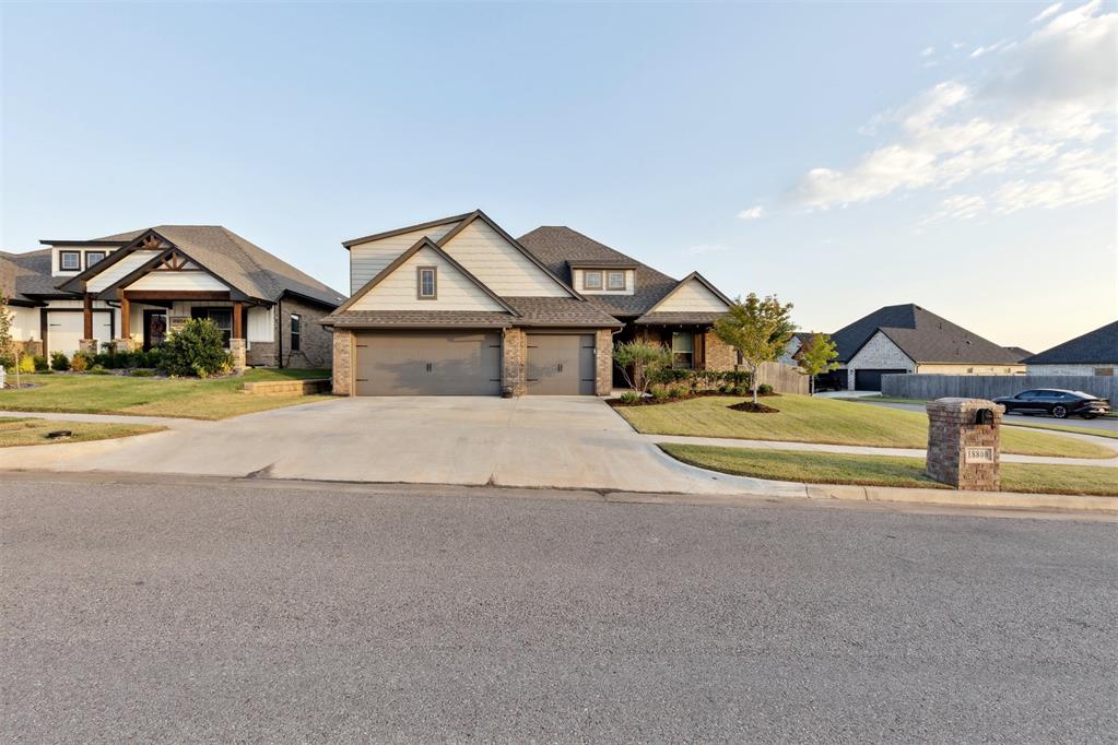 Beautiful build in The Grove Neighborhood! Home includes 4 bedrooms, 3 full bathrooms, bonus room, and 3 car garage with storm shelter installed. The living room features a beautiful gas fireplace with stacked stone surround and 2 large windows to let in natural light. The kitchen has decorative tile backsplash, stainless steel built in appliances, stainless steel farm sink, and spacious pantry. Master suite boasts raised ceiling detail, a large wrap around closet, double sink vanity, whirlpool tub and walk in shower! Other amenities that this home provides are Smart Home technology, a whole home air filtration system that will make breathing easy, Rinnai Tankless water heater to provide endless hot water, R-44 insulation and a TechShield radiant barrier to provide more energy efficiency, extended concrete patio in the larger backyard for larger entertainment, automatic screens for year round comfort outdoors! Corner lot! Contact the listing agent for your private showing today!