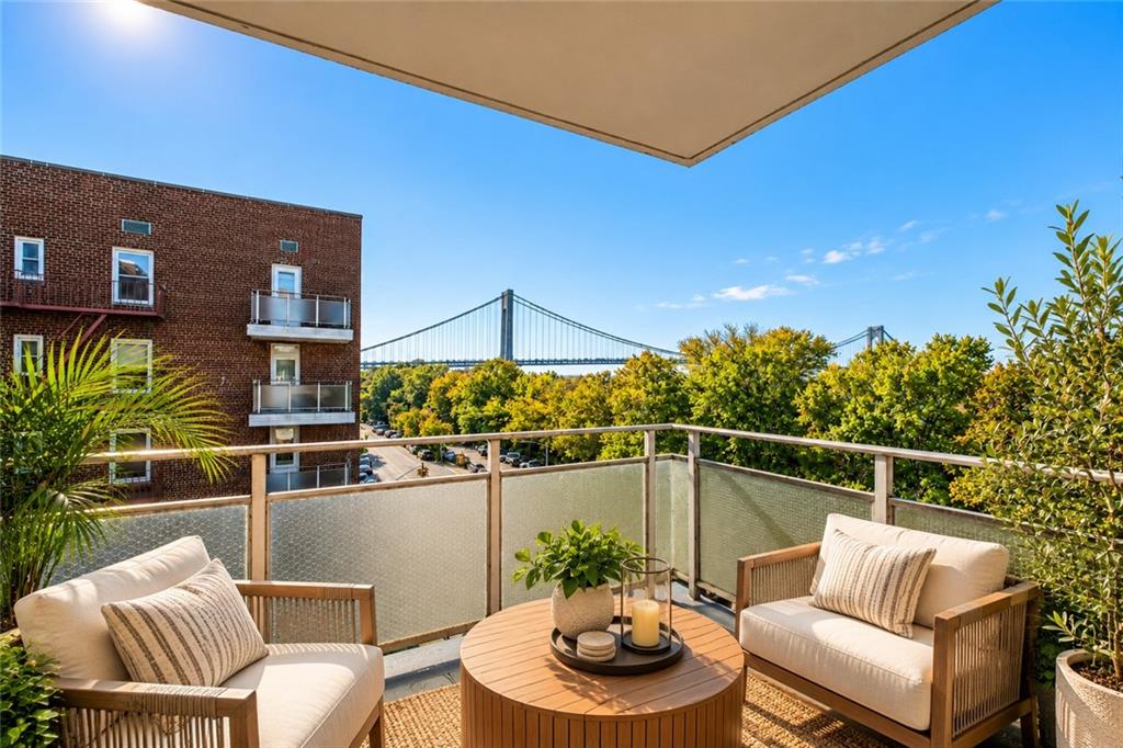 SPONSOR SALE - NO BOARD APPROVAL REQUIREDThis expansive and versatile 1 bedroom Jr. 4 layout offers breathtaking Water Views of the Verrazzano Bridge and Narrows from your Private Terrace!  Enjoy the bright natural sunlight that flows throughout this 5th floor corner unit during the day and as evening approaches you can sit back and relax to its stunning tranquil southwest sunsets!  Upon entering you are welcomed by a foyer with 2 closets which leads to a sprawling living room and a flexible area with seamless access to both the kitchen and terrace, the ideal backdrop for entertaining. The open concept kitchen has lovely hardwood cabinets, stainless appliances, and countertops/island featuring white granite.  There are gorgeous light hardwood floors and an abundance of closets to satisfy your storage needs. The bedroom easily accommodates a California King Bed and furniture. There is a stone bathroom with vessel sink and soaking tub which creates a spa-like ambience.  This lovingly maintained premier building has long been a Bay Ridge favorite and offers a myriad of amenities that include a part-time doorman, a well-regarded resident superintendent, meticulously landscaped gardens, a ground level laundry facility, bike storage and garage with W/L. The building was recently renovated from top to bottom and elevators were recently redone. The Manhattan X27 and X37 express buses and the local bus B16 are conveniently situated nearby, and the R train is just a few minutes away. Experience the wide variety of restaurants, supermarkets, cafes, green markets, boutiques & shopping on 3rd Avenue & for outdoor enjoyment you will revel in the waterfront parks, playgrounds, festivals and a bicycle path along Shore Road.  Small pets are permitted with approval.*Please note that some photos have been virtually staged to create ideas for furniture flow & design.