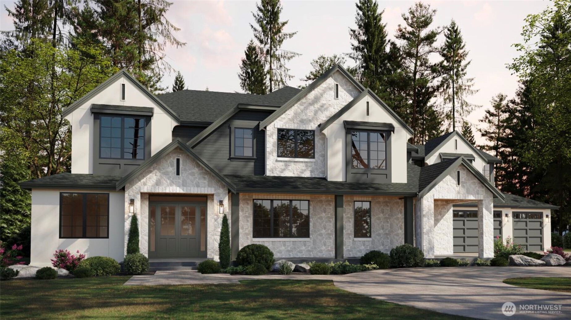 Murray Franklyn Homes presents the Harrisville in Bellevue's Bridle Trails community. This stunning 5 bedroom, 6 bathroom modern Tudor style home is situated on an expansive, private 35,098 sq ft lot just minutes from downtown. Double covered porches stretch across the entry, welcoming you into the foyer with a dining room, full prep kitchen and butler's pantry. Gorgeous gourmet kitchen offers more room from entertaining with spacious quartz island and open concept plan that opens to additional seating in breakfast nook, double height great room, and massive heated covered patio w outdoor kitchen. Upper floor offers, lavish primary suite, 3 bedroom with en suite baths, laundry, & rec rooms. 2ned primary suite on main offers full bath & walk-in closet. 4 car garage w EC charging provides ample parking & storage.